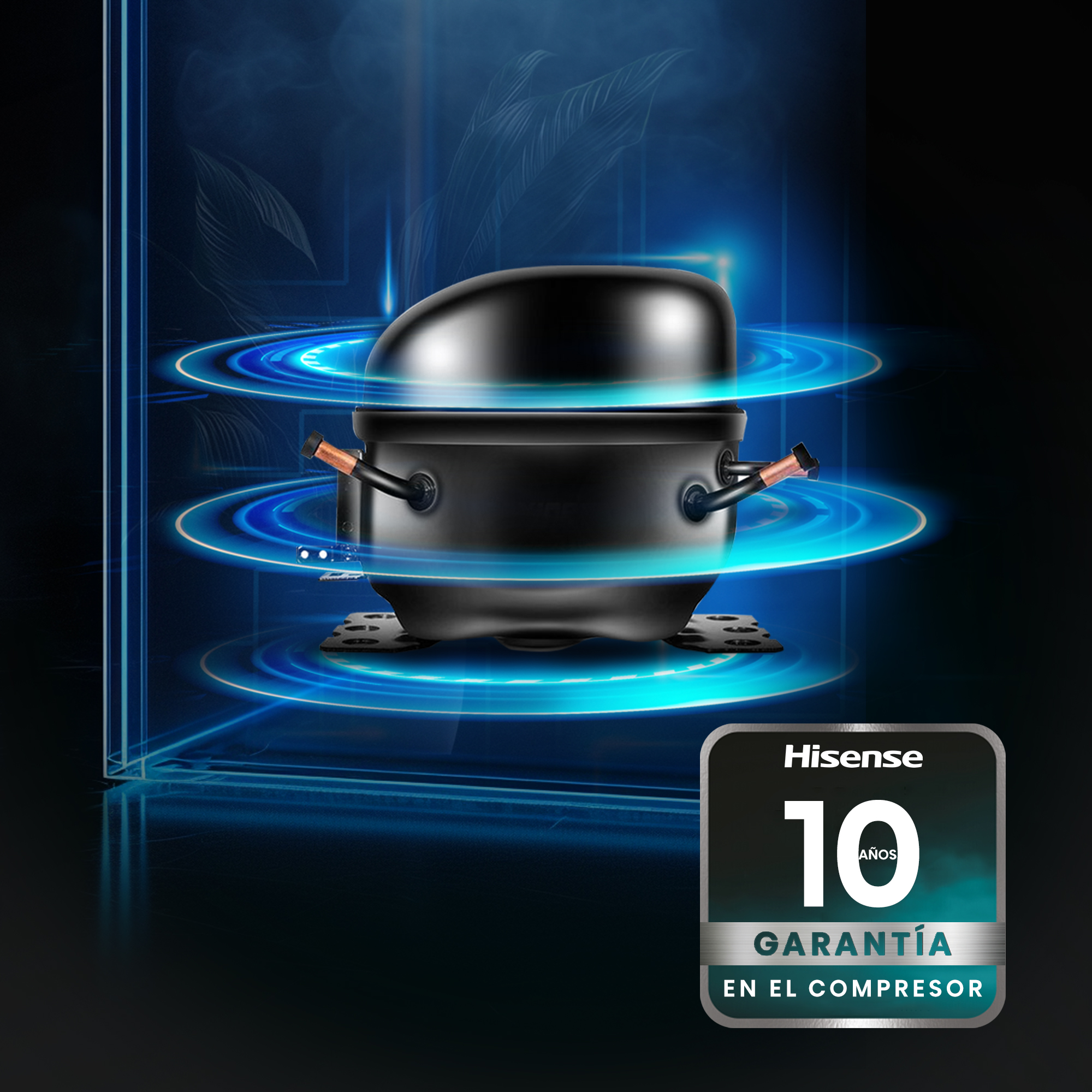 Compresor negro Hisense con anillos de energía azules y 10 años de garantía.