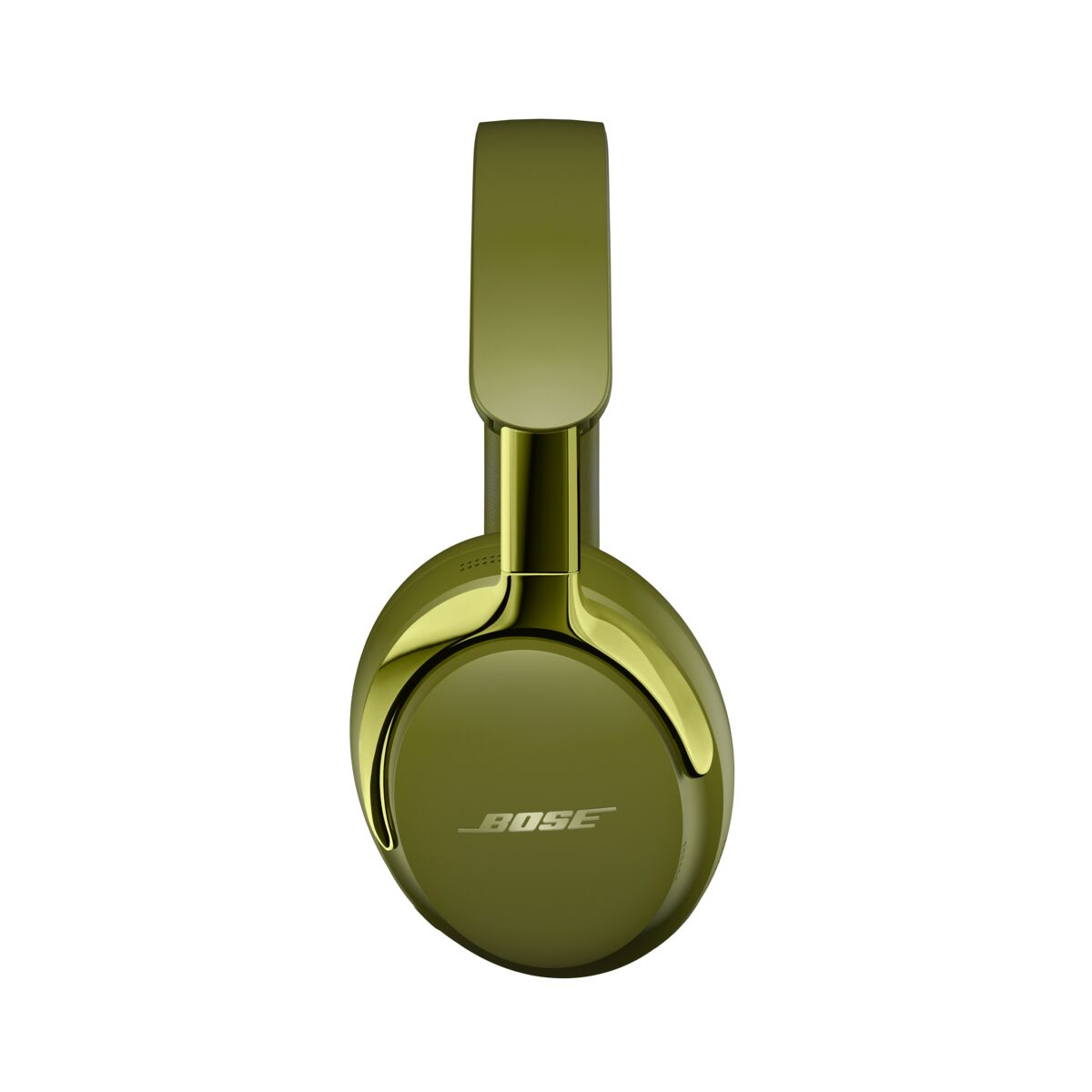 Olivgrüne Bose kabellose Over-Ear-Kopfhörer in der Seitenansicht vor weißem Hintergrund.