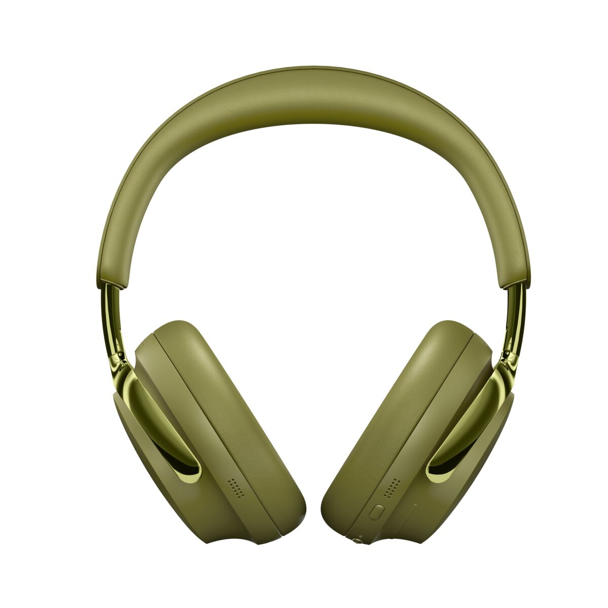 Olivgrüne Over-Ear-Kopfhörer mit glänzenden Metallelementen auf weißem Grund.