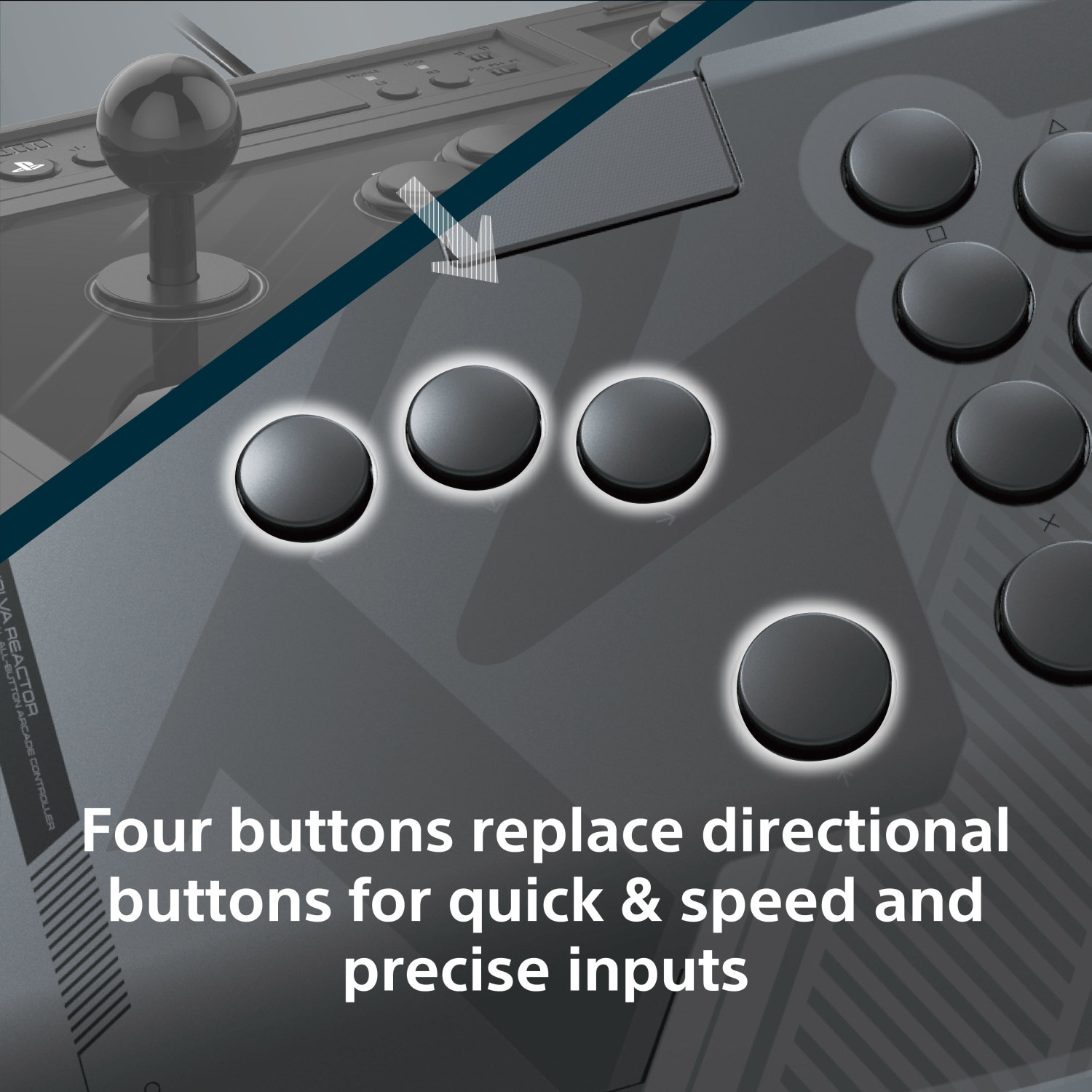 Ein Arcade-Controller zeigt vier hervorgehobene Tasten, die das Steuerkreuz für schnelle Eingaben ersetzen.