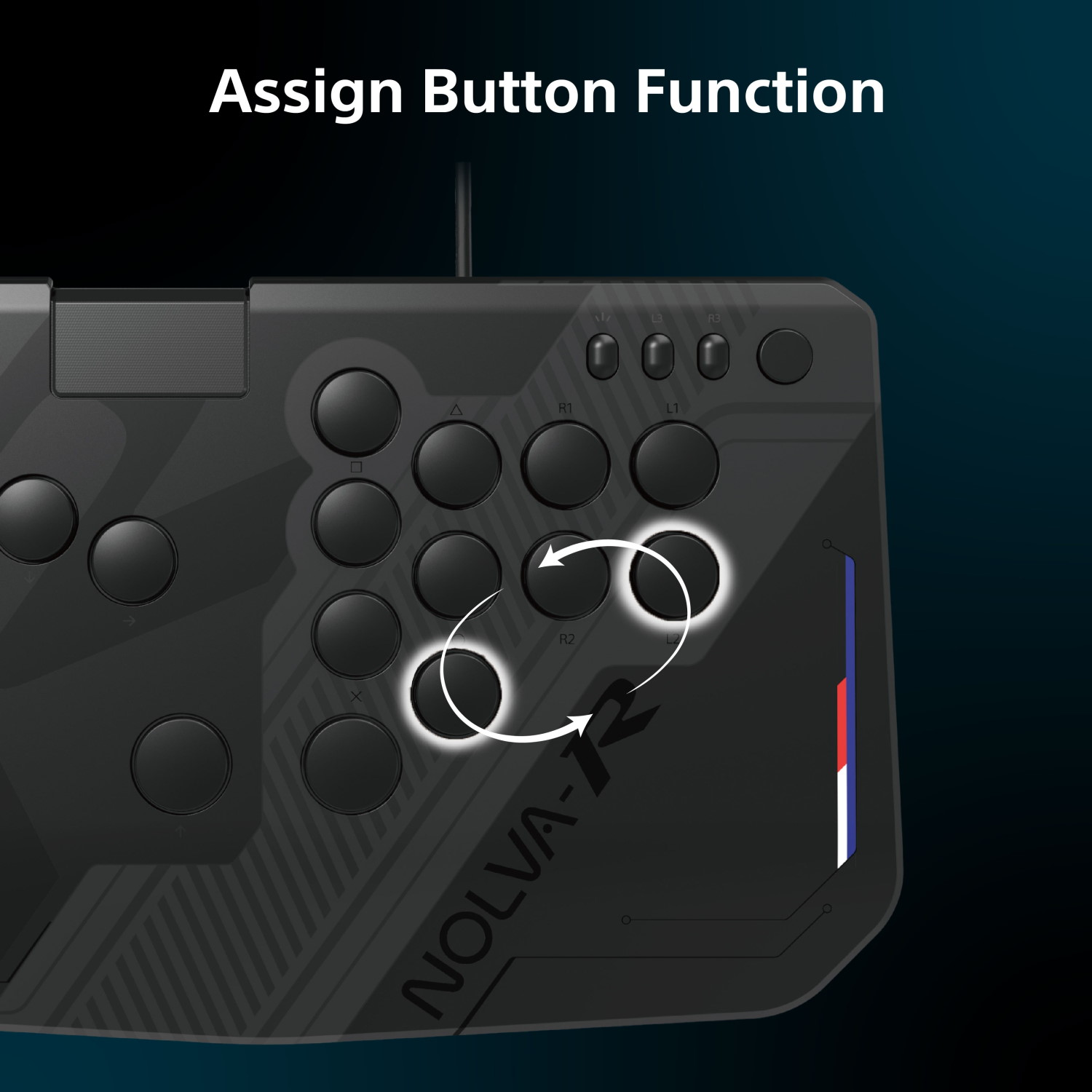 Ein dunkler Gaming-Controller zeigt Schaltflächen mit Pfeilen für die Tastenbelegung.