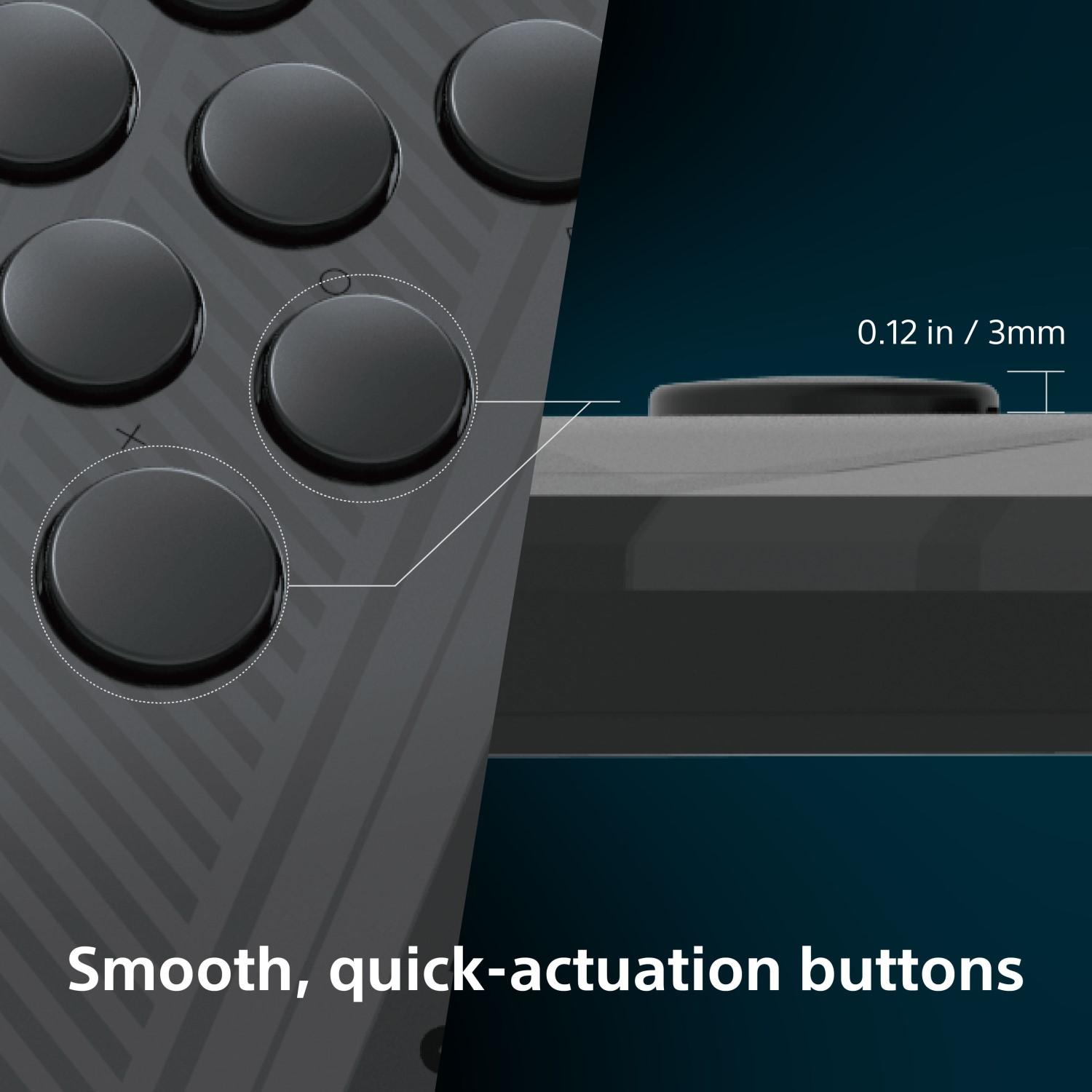 Nahaufnahme von glatten, schnellen Tasten eines Controllers mit Maßangabe.