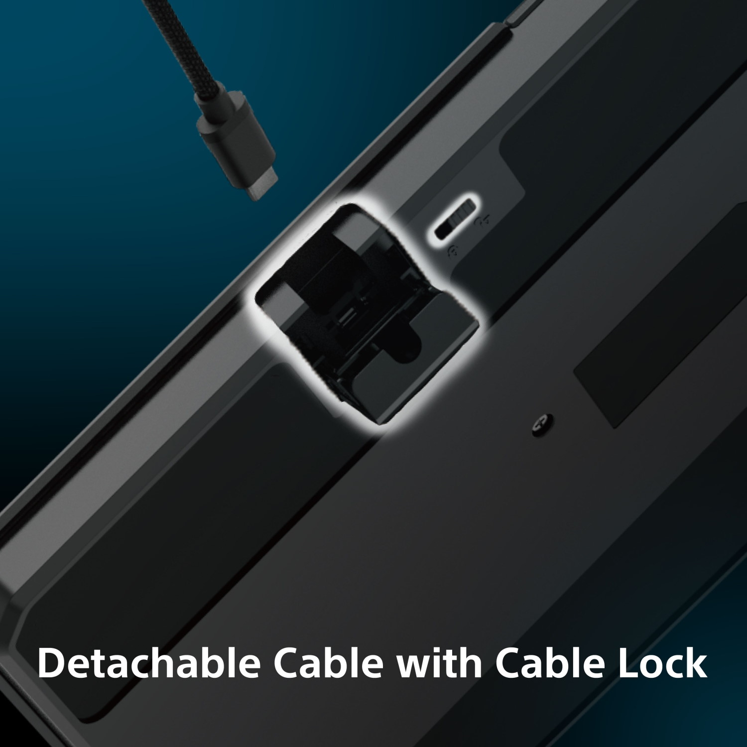Nahaufnahme eines Geräts mit hervorgehobenem Kabelschloss-Mechanismus neben einem USB-Anschluss.