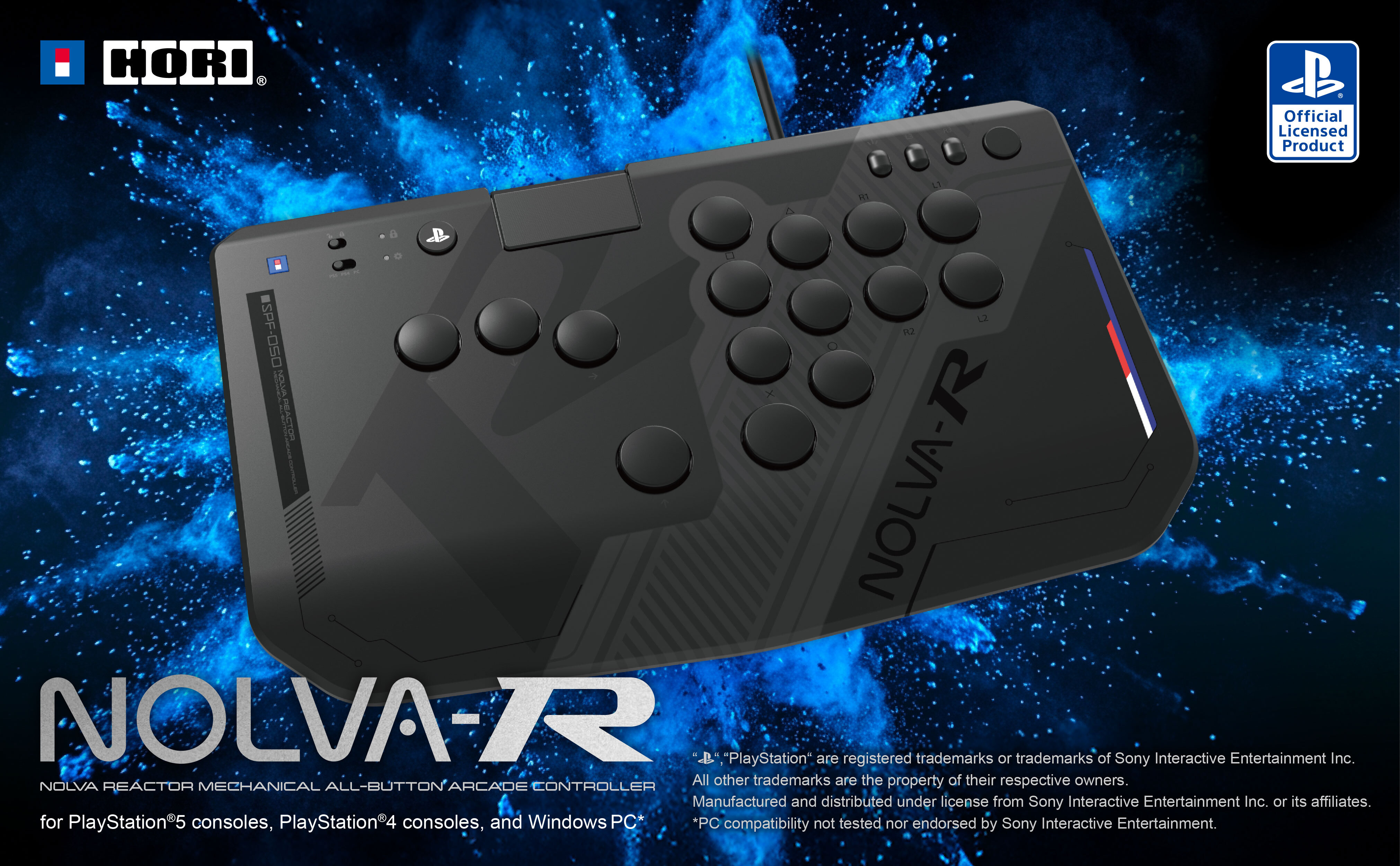 Schwarzer Nolva-R Arcade-Controller von Hori vor einem dunklen Hintergrund mit blauen Lichteffekten.