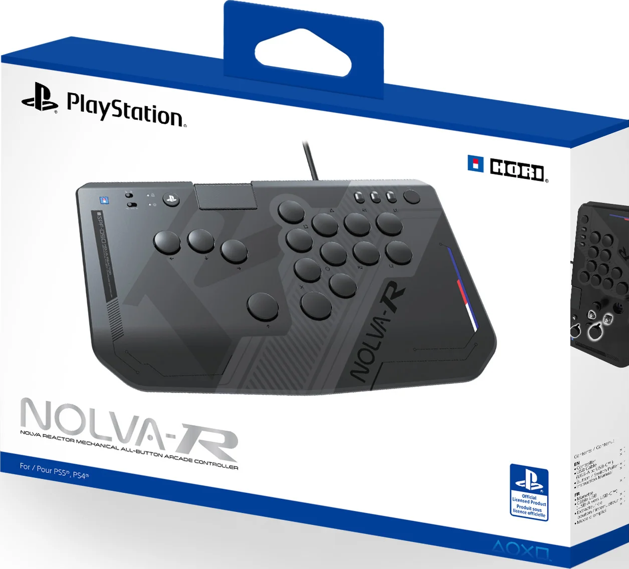 Die Produktverpackung zeigt den schwarzen NOLVA-R Arcade-Controller für PlayStation.