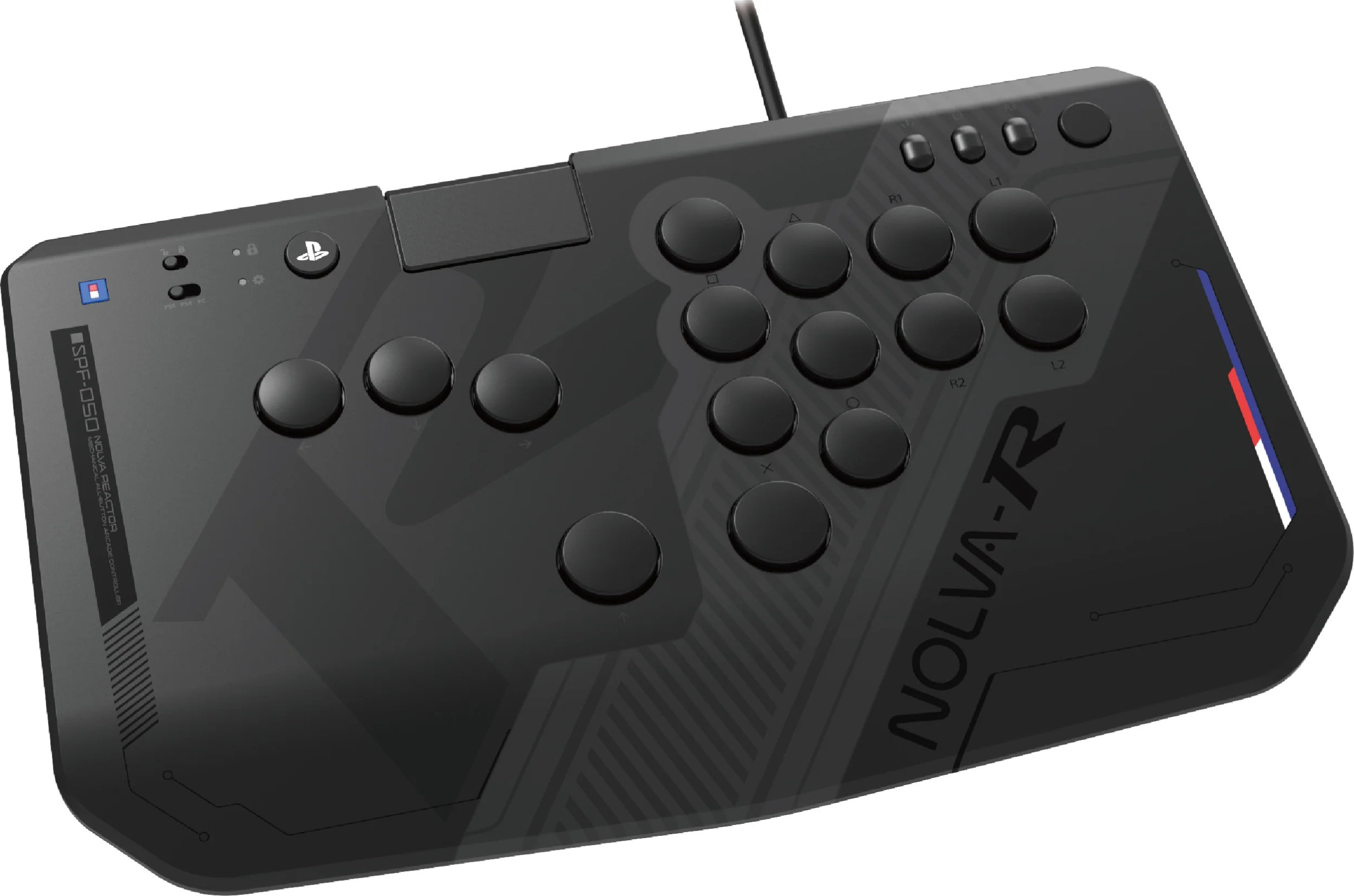Ein schwarzer Nolva-R Arcade-Controller mit vielen Tasten und PlayStation-Logo auf weißem Hintergrund.