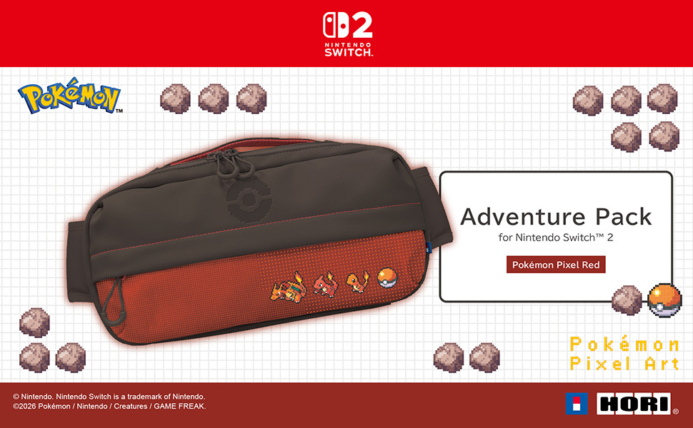 Zaino Adventure Pokémon Pixel Art rosso e marrone per Nintendo Switch 2, con grafica pixel di Charmander.