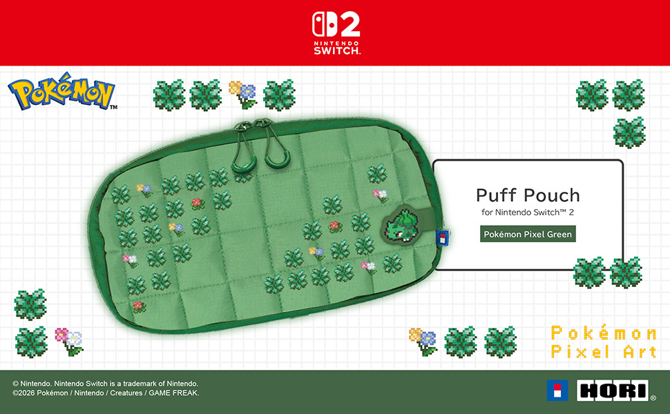 Una custodia verde trapuntata Nintendo Switch 2 con piante in pixel art, marchio Pokémon e una patch di Bulbasaur.