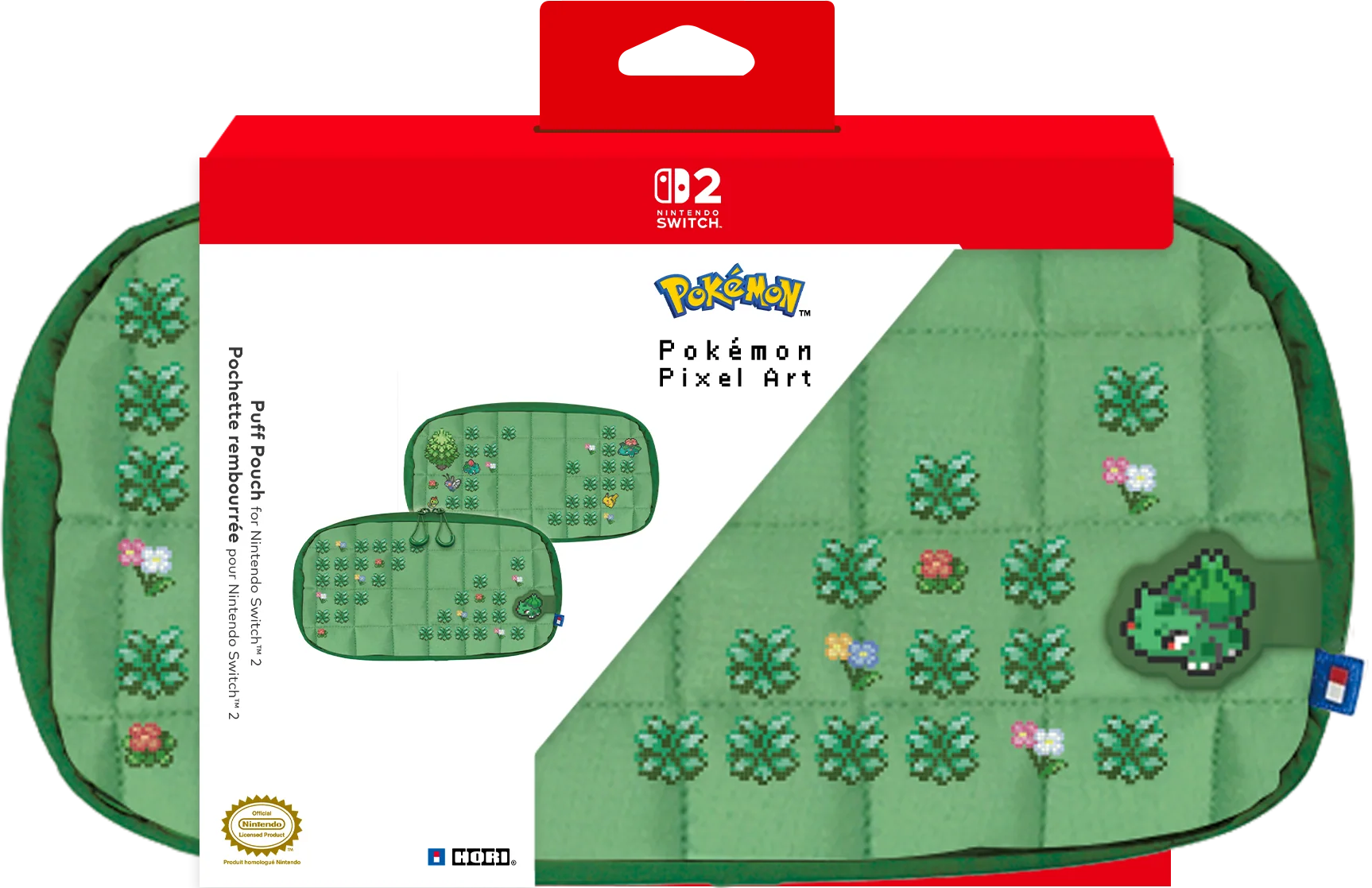 Custodia verde Pokémon Pixel Art per Nintendo Switch in confezione rossa e bianca con design Bulbasaur.