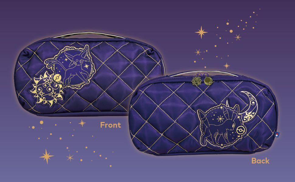 Borsa cosmetica trapuntata viola con dettagli dorati e motivi di Espeon sul davanti e sul retro.