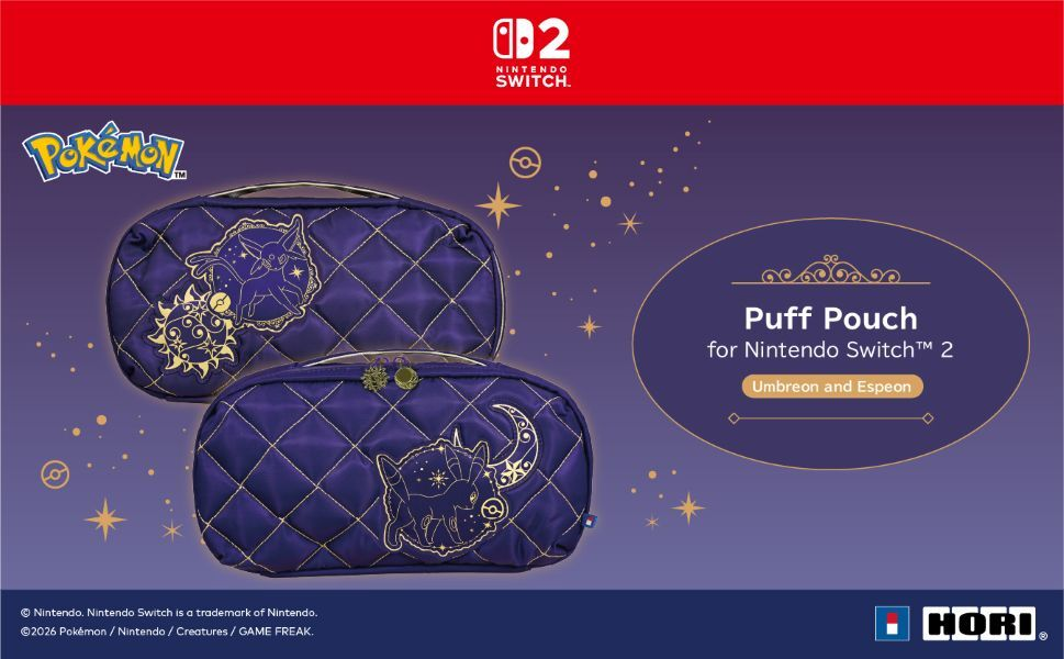 Due custodie trapuntate viola Hori per Nintendo Switch 2 con motivi Eeveelutions su sfondo viola.