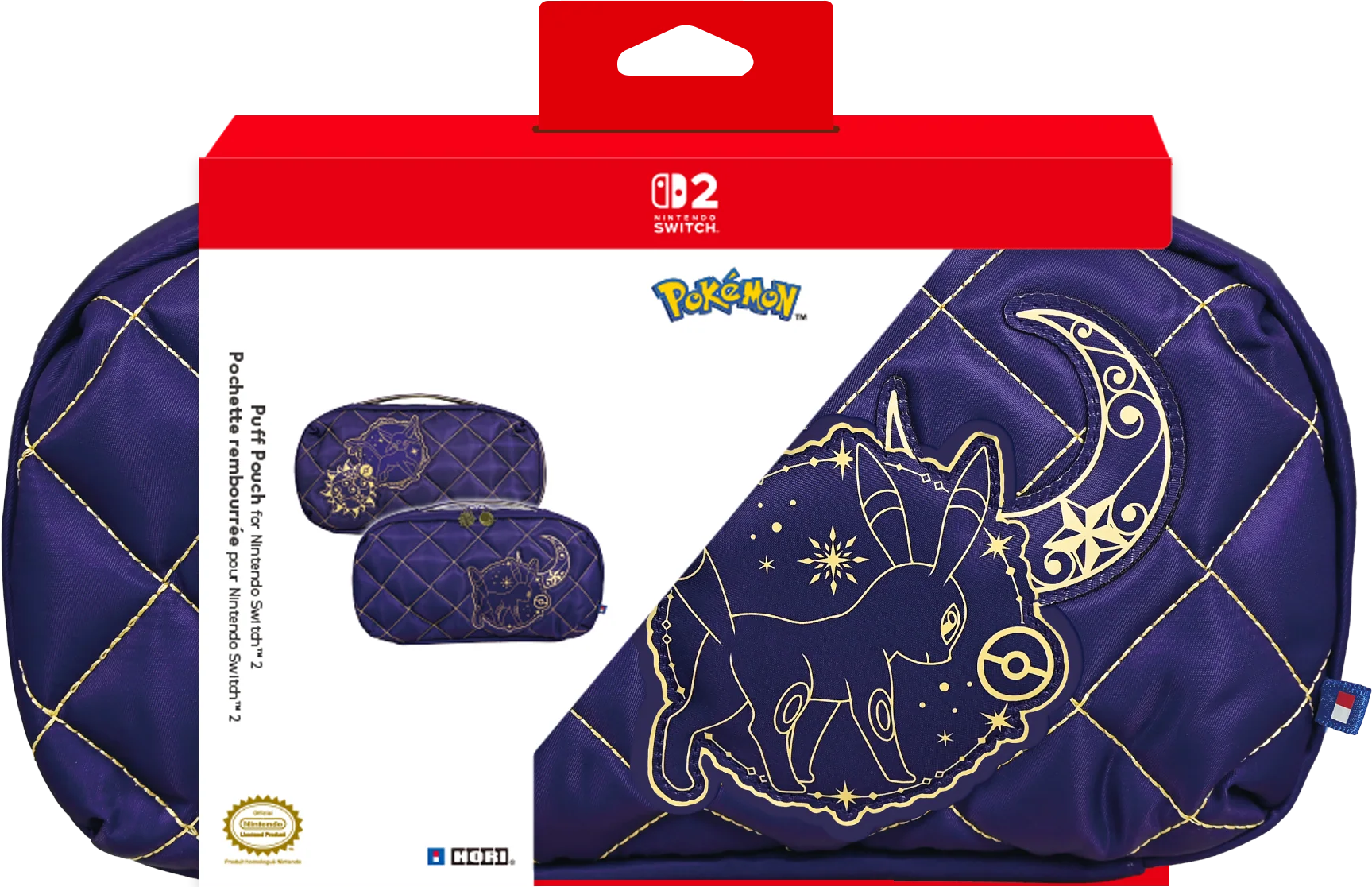 Custodia trapuntata viola per Nintendo Switch con disegni dorati Pokémon.