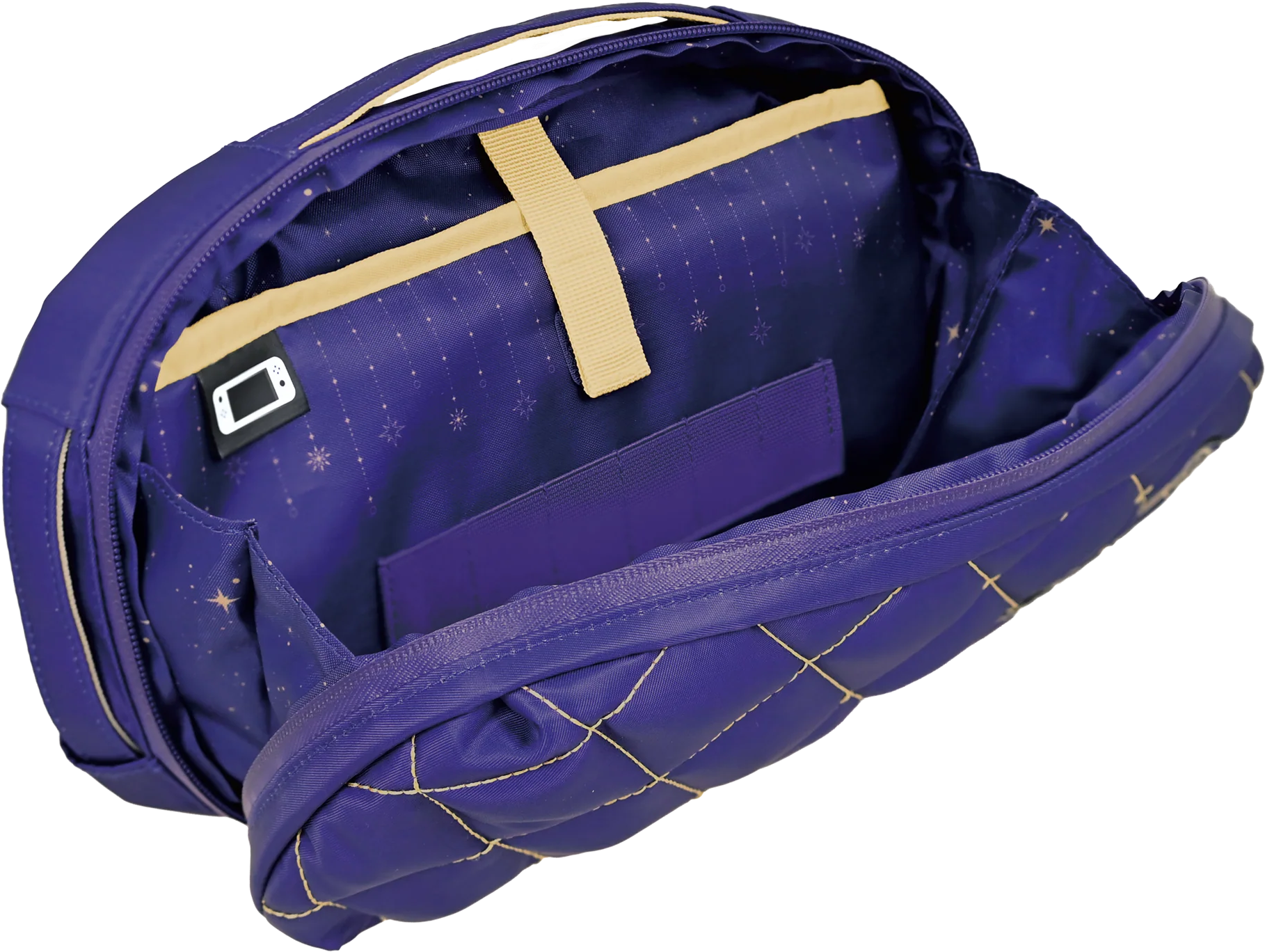 Una borsa viola aperta con motivi a stelle dorate, cinghie beige e l'icona di una console su sfondo nero.