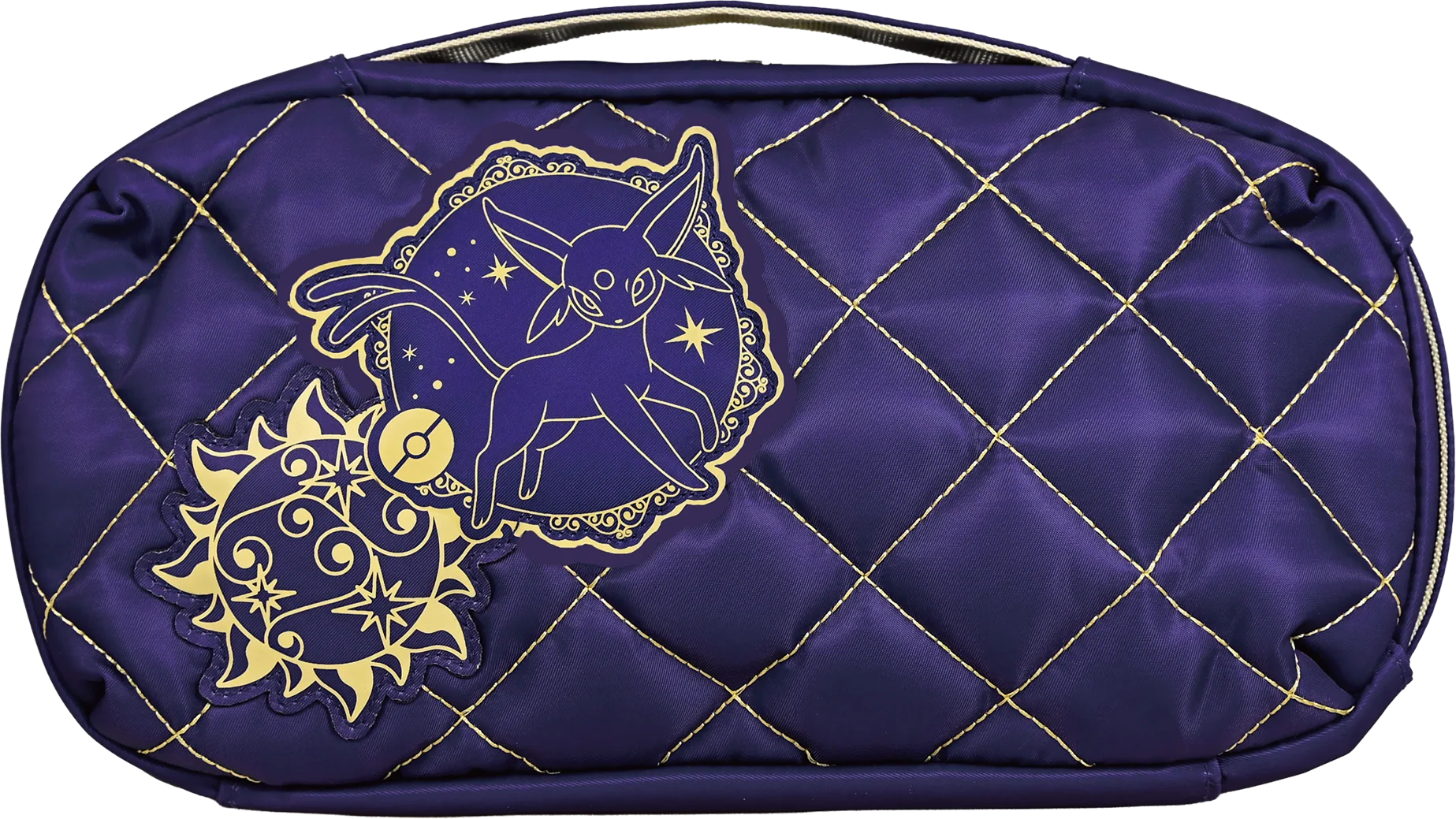 Borsa cosmetica trapuntata viola con cuciture dorate e motivo stellare Umbreon.