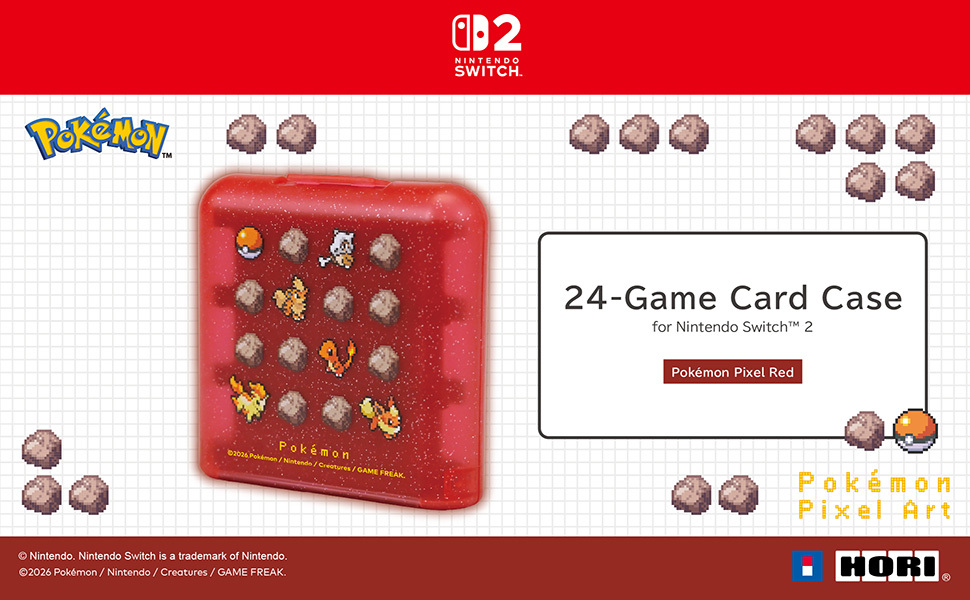 Eine rote Nintendo Switch 2 Spielehülle mit Pokémon Pixel-Art-Motiven und kleinen Felsen auf weißem Gitterhintergrund.
