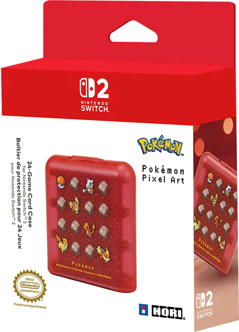 Rote Nintendo Switch Spielkarte-Aufbewahrungsbox mit Pokémon Pixelart-Motiven.