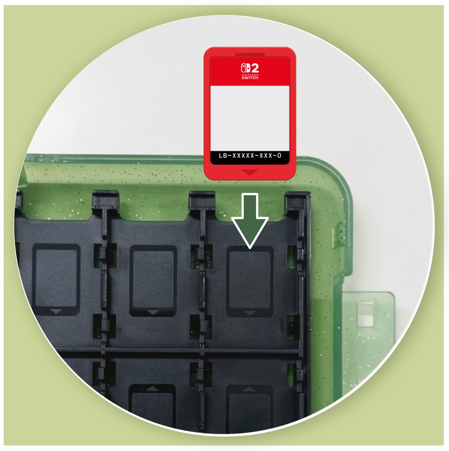 Una cartuccia di gioco rossa viene inserita in un portacarte verde Nintendo Switch.