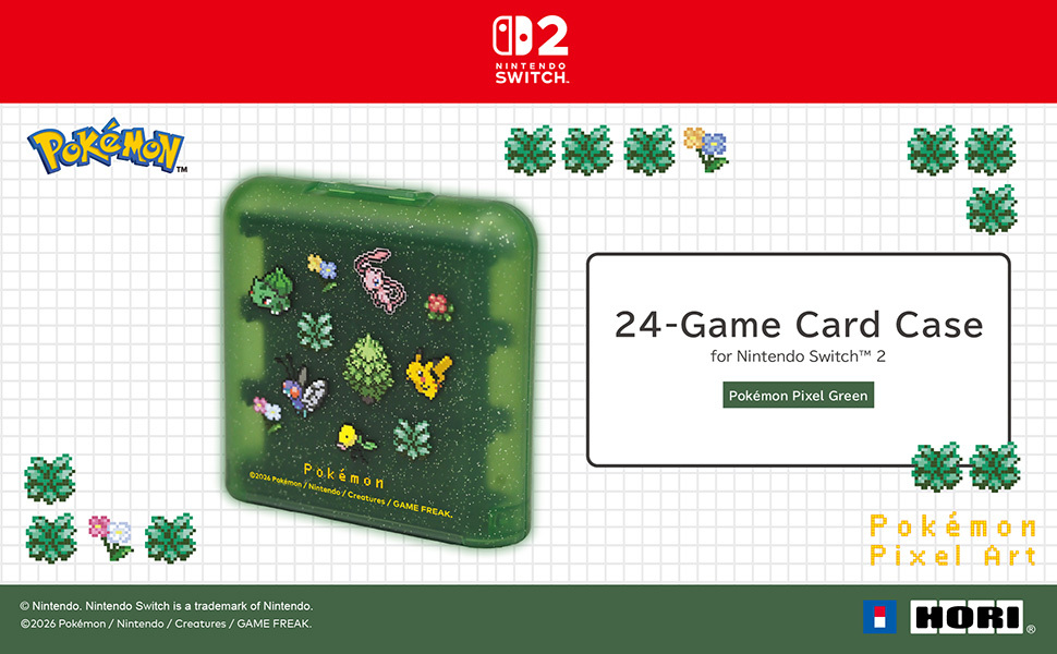 Custodia verde glitterata per 24 schede di gioco per Nintendo Switch 2 con pixel art di Pokémon.