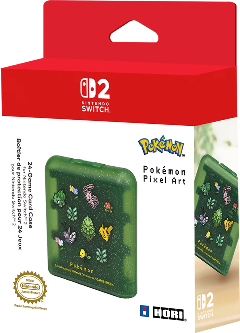 Una confezione verde di custodia per 24 schede di gioco Pokémon Pixel Art per Nintendo Switch 2.