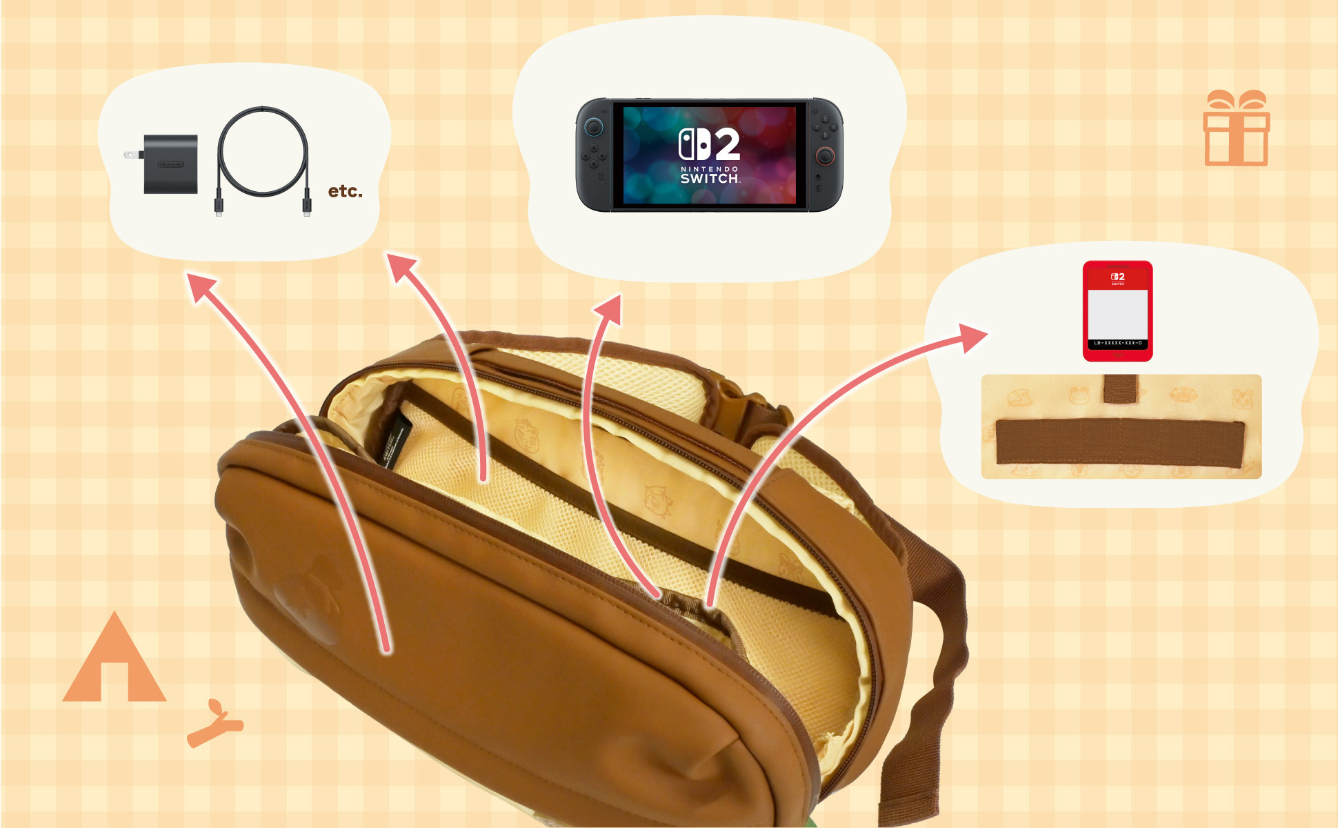 Borsa marrone con scomparti aperti, Nintendo Switch e accessori mostrati nei fumetti.