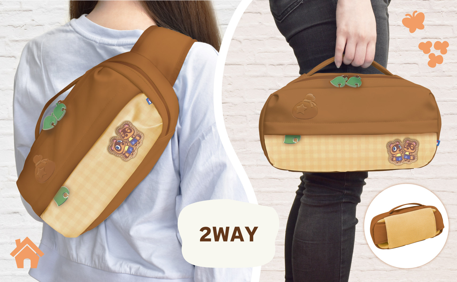 Borsa a tracolla marrone di Animal Crossing indossata come zaino o a mano.