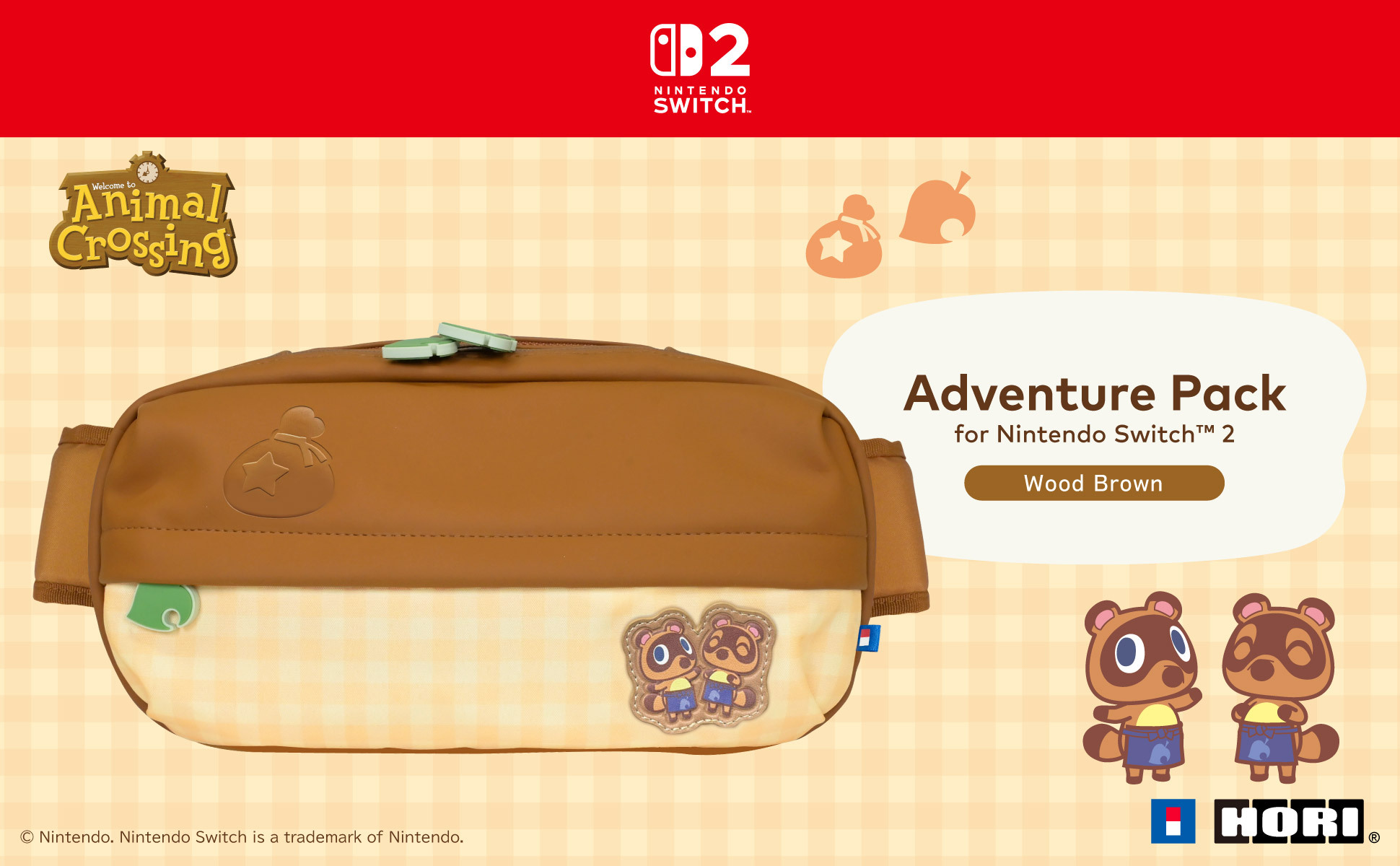 Zaino Adventure Pack Animal Crossing di Hori marrone per Nintendo Switch 2 con Tom Nook.