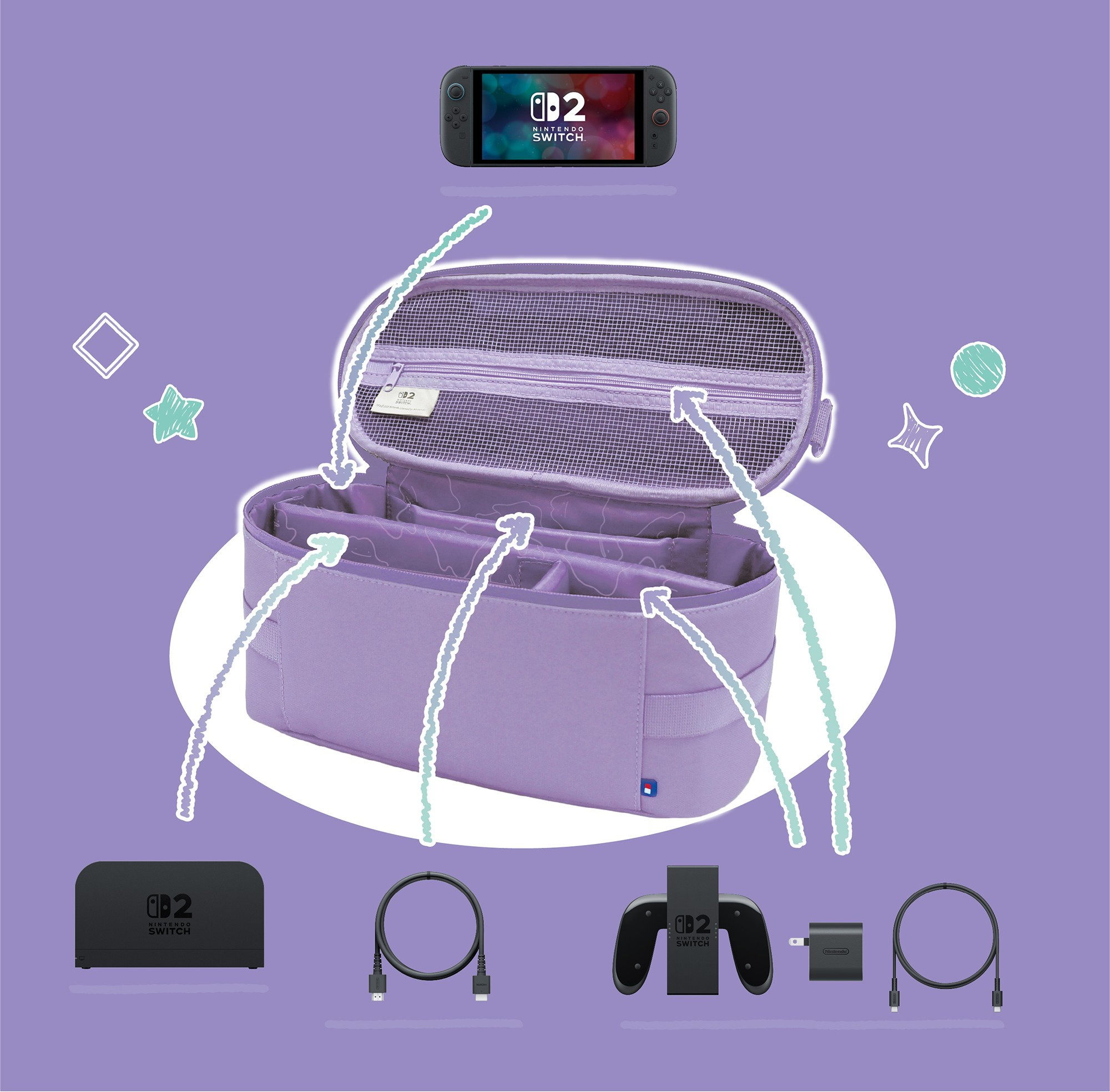 Una custodia viola aperta per Nintendo Switch con scomparti interni, circondata da console, dock e accessori su sfondo viola.