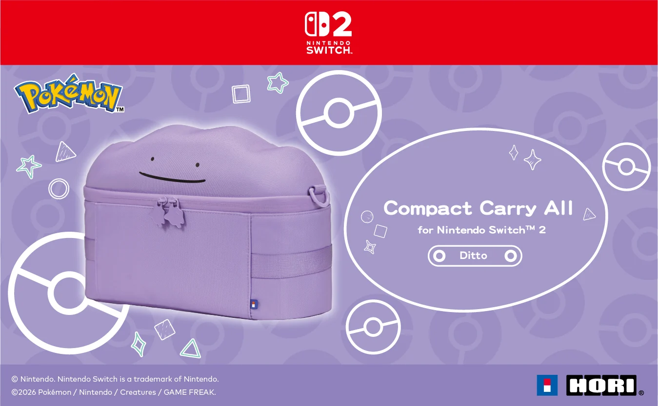Una custodia compatta viola a tema Ditto per Nintendo Switch 2, su sfondo viola con motivi di Pokéball.