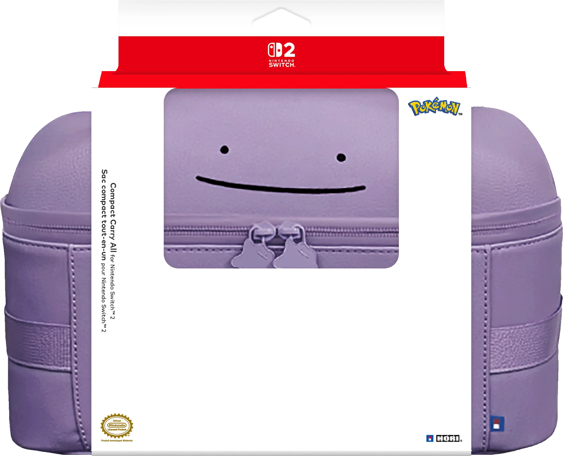 Una custodia viola per Nintendo Switch 2 con un design di Ditto nella confezione.