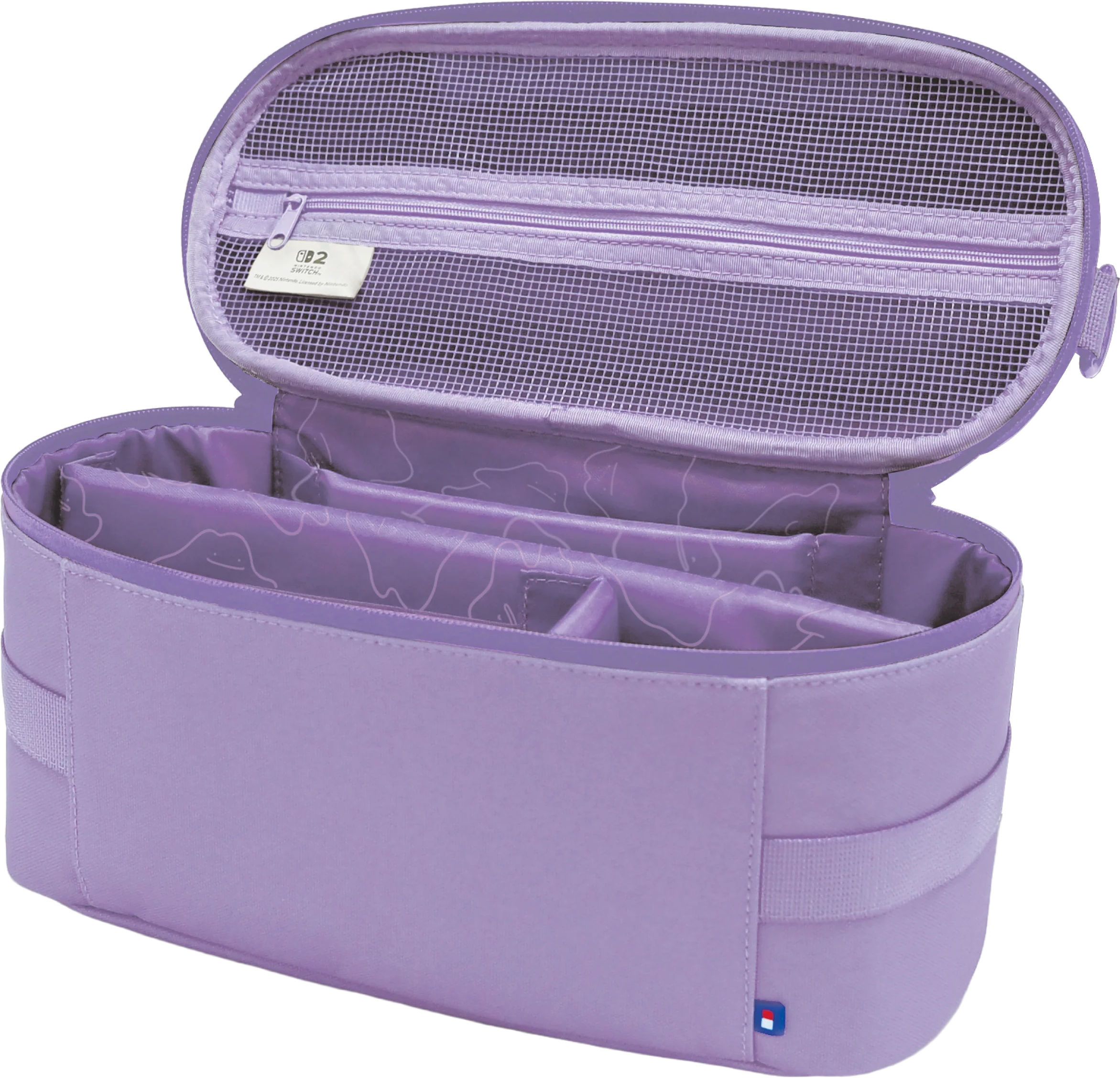 Borsa portaoggetti viola chiaro aperta con divisori interni e tasca in rete con coperchio.