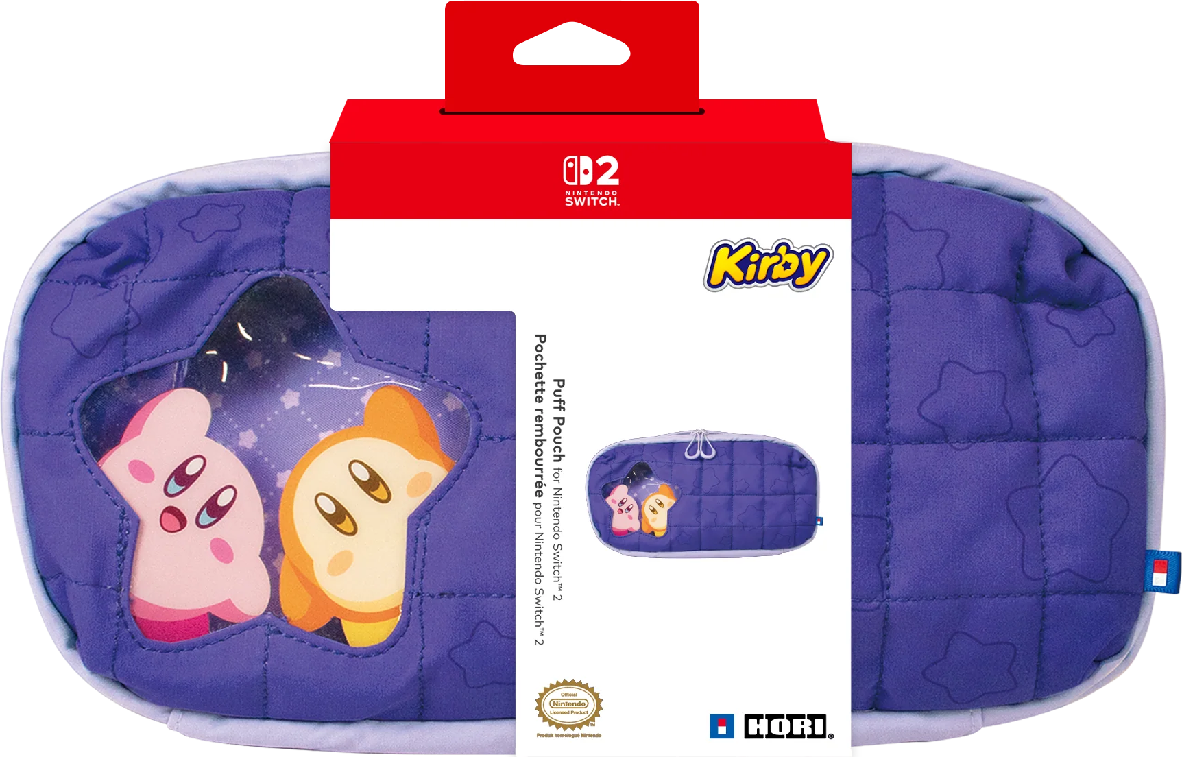 Custodia trapuntata viola Kirby per Nintendo Switch 2 in confezione con finestra a stella.