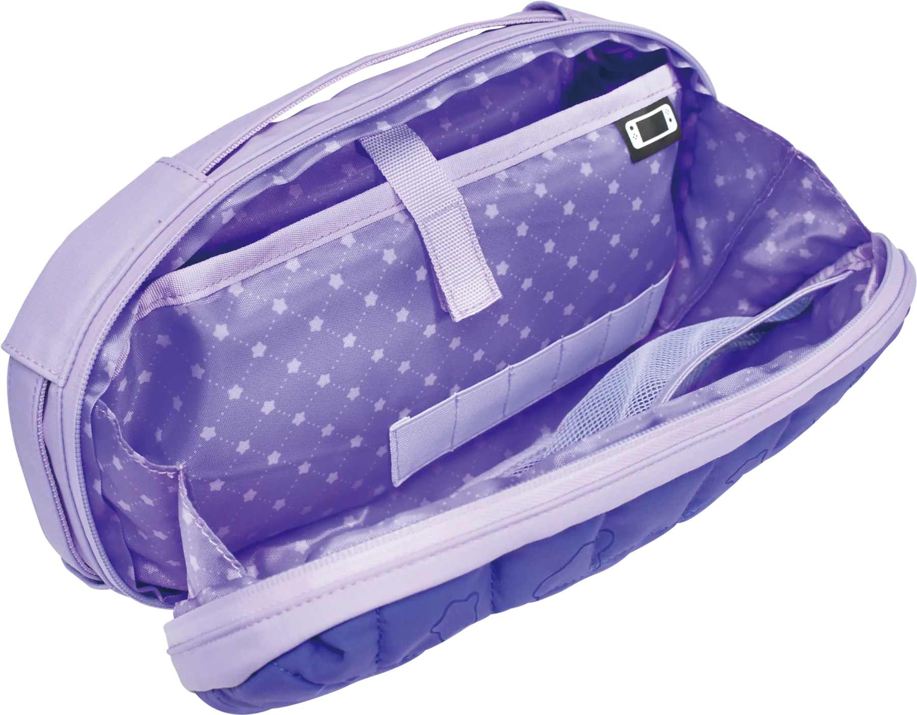 Borsa da viaggio viola aperta con motivo a stelle, scomparti interni e cerniera.