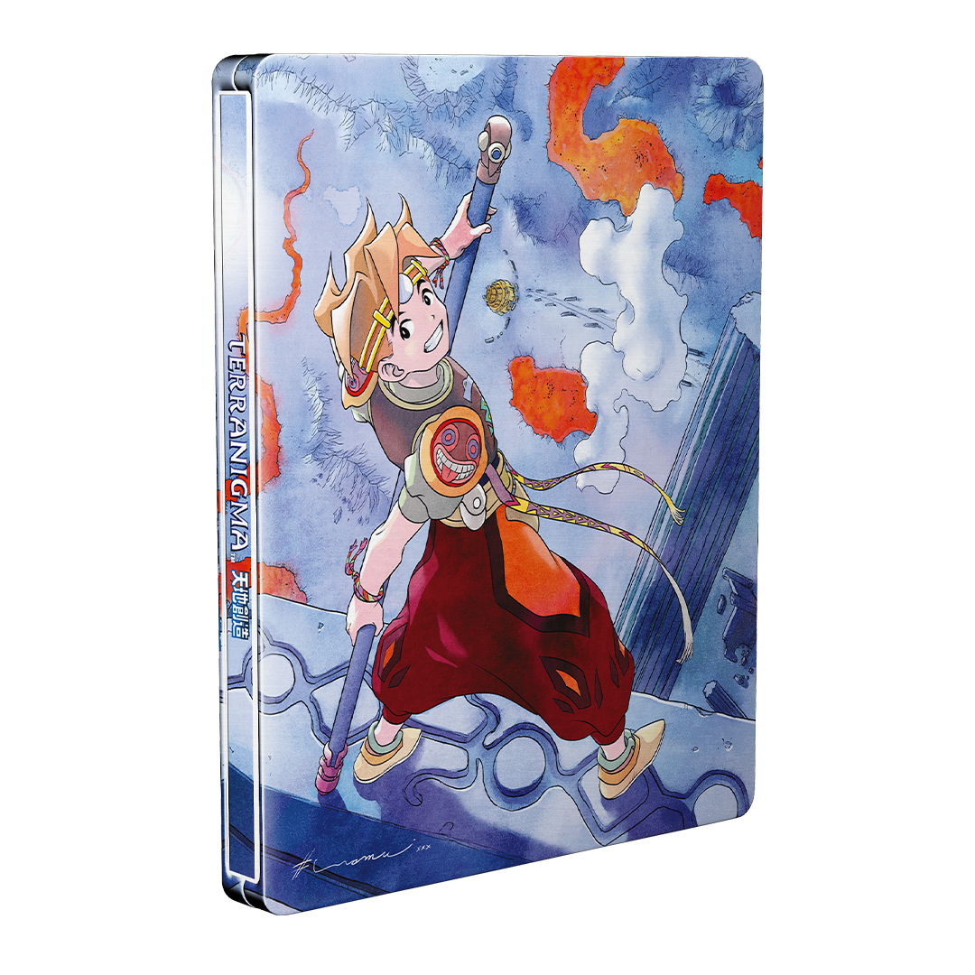 Anime-Figur mit Stab auf einer Fantasy-Landschaft auf einer Steelbook-Hülle.