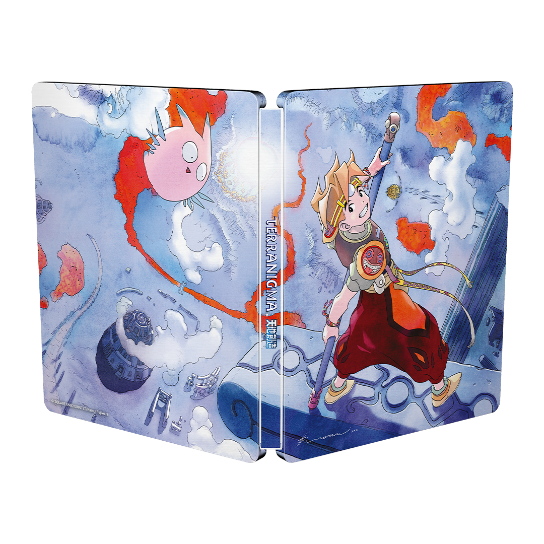 Terranigma-Steelbook mit blauen Himmel, pinker Kreatur und Jungen mit Stab auf blauen Wolken.