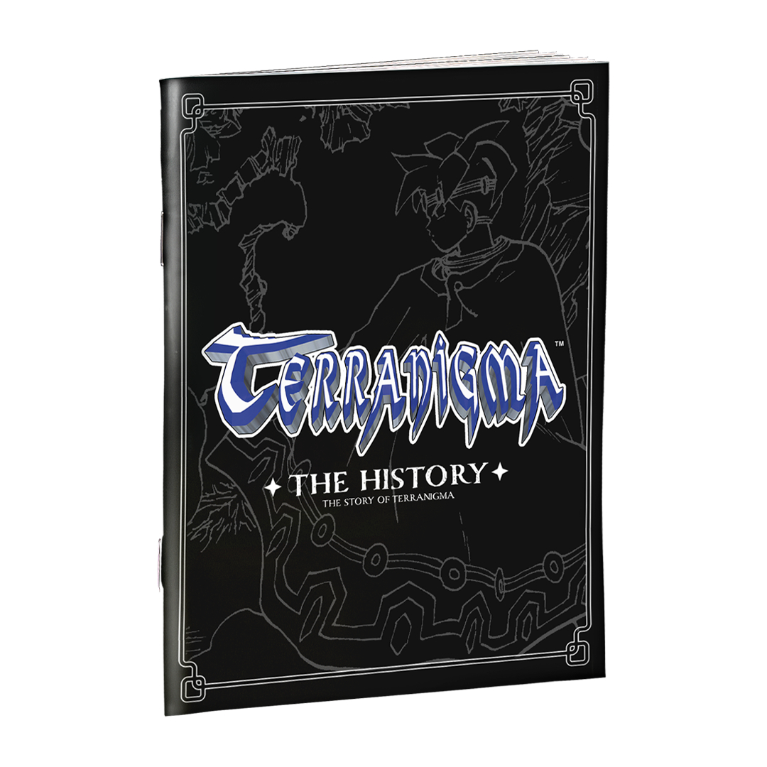 Schwarzes Buch mit dem blauen Titel Terranigma The History und einer weißen Strichzeichnung auf dem Cover.
