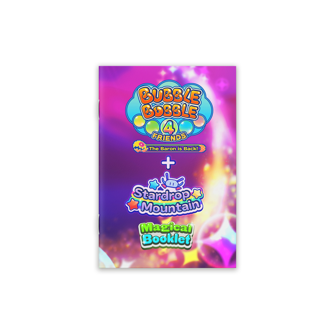 Buntes Cover für Bubble Bobble 4 Friends und Stardrop Mountain Magical Booklet auf pinkem Hintergrund.