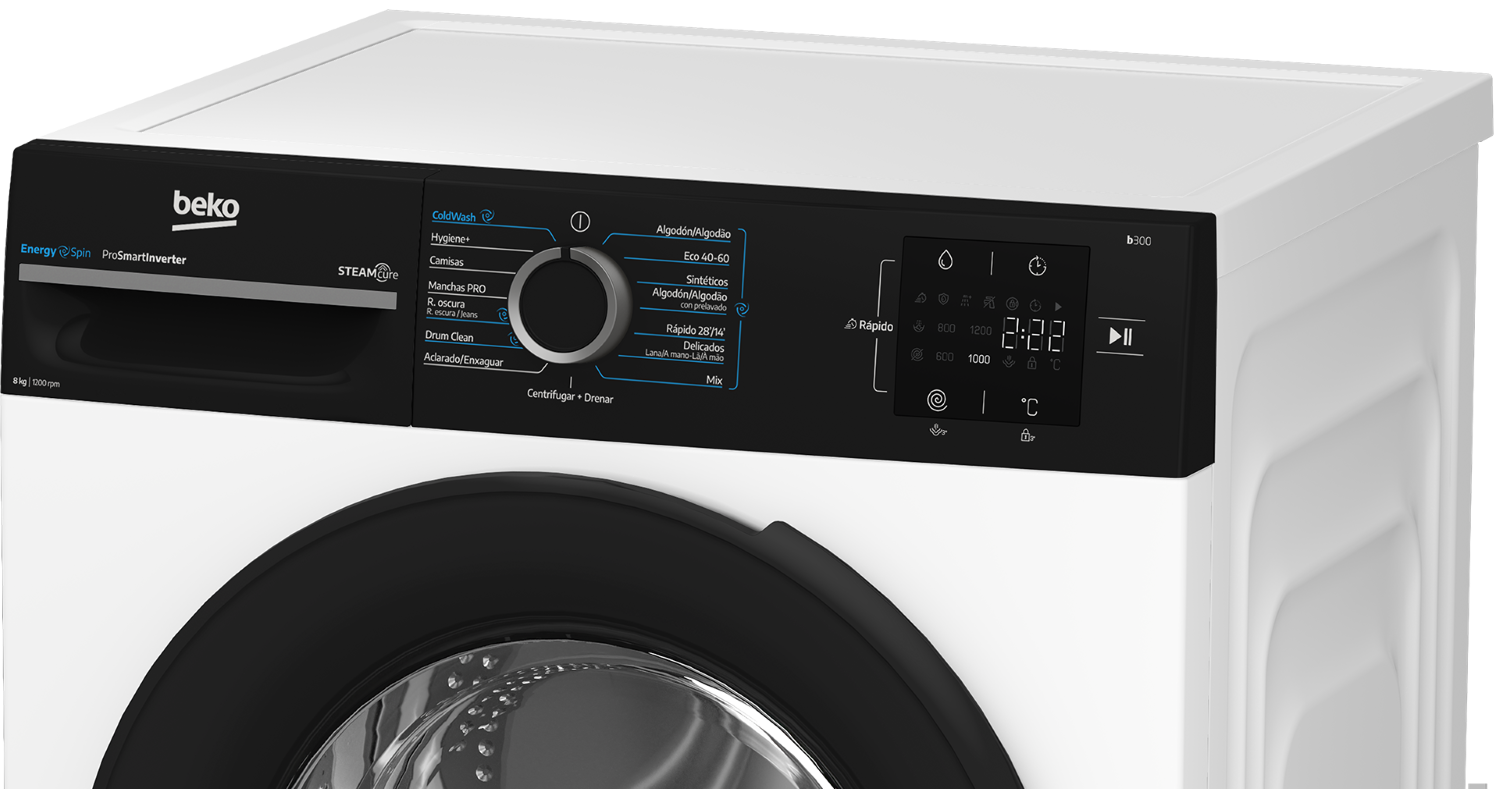 Lavadora Beko en blanco y negro con mando giratorio, pantalla digital y varios programas de lavado.