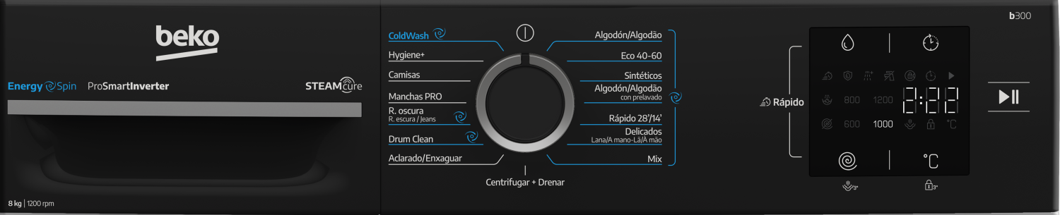 Panel de control de lavadora Beko negra con selector de programas, pantalla digital y botones táctiles.