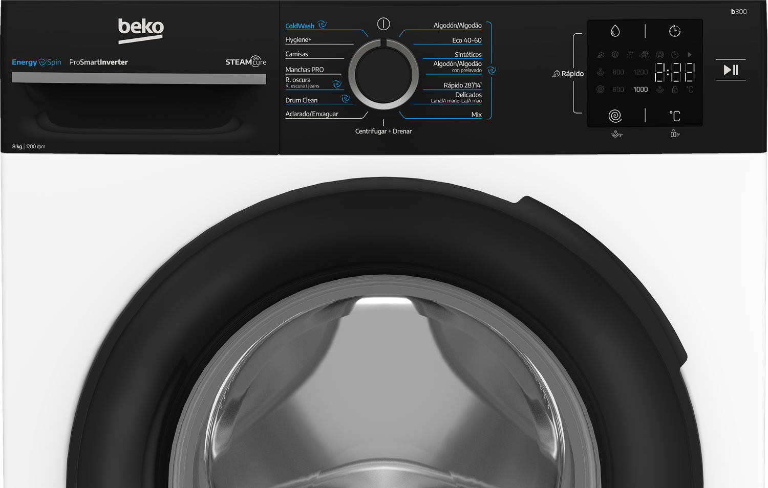 Vista frontal de una lavadora Beko con pantalla digital, selector de programas y puerta negra.