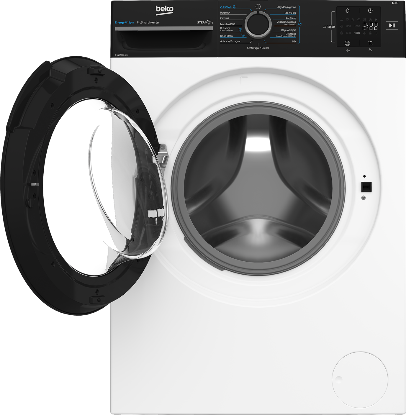 Lavadora Beko blanca con panel de control negro y puerta de cristal abierta.
