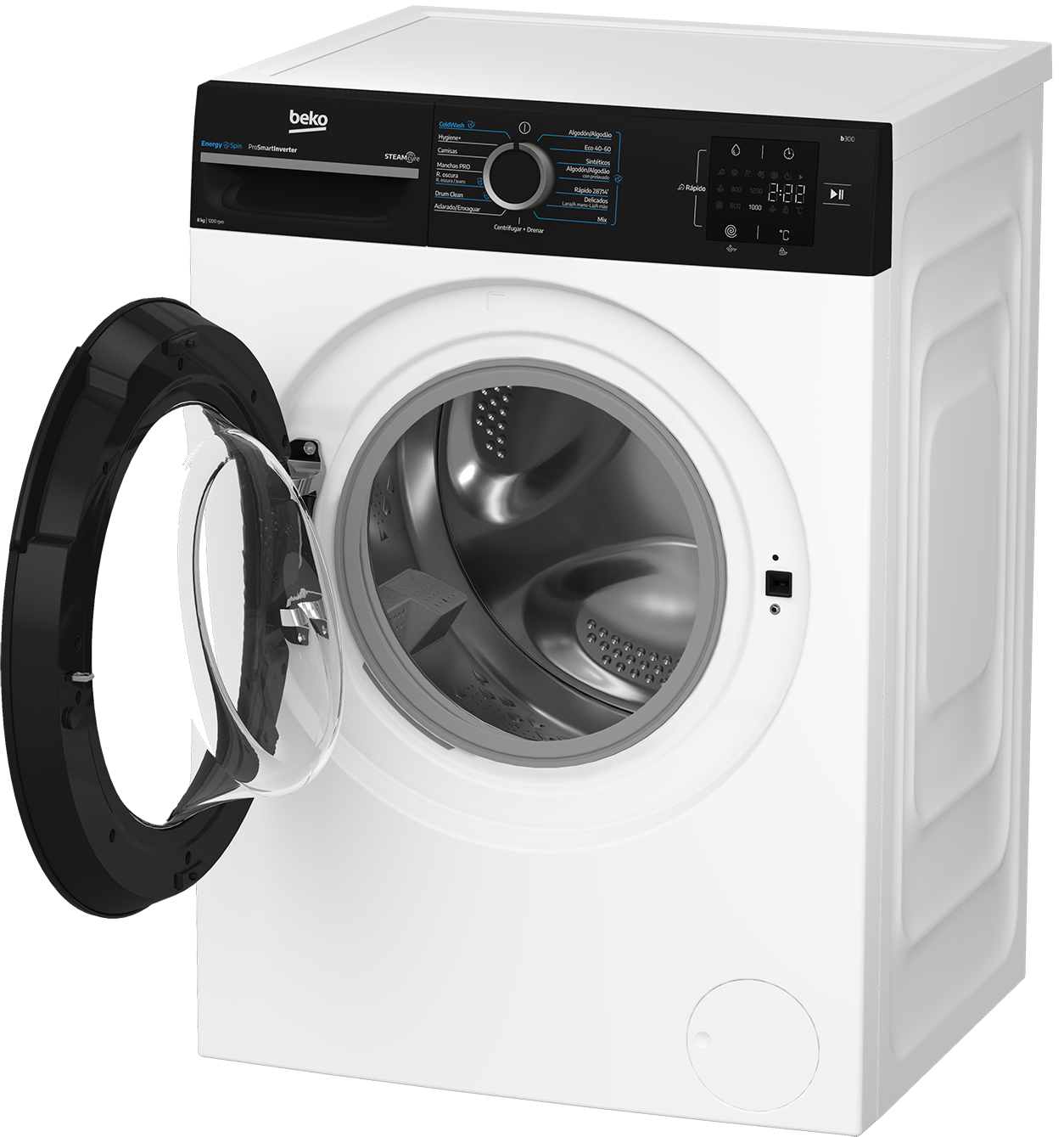 Una lavadora blanca Beko con panel de control negro y puerta de vidrio abierta sobre fondo negro.