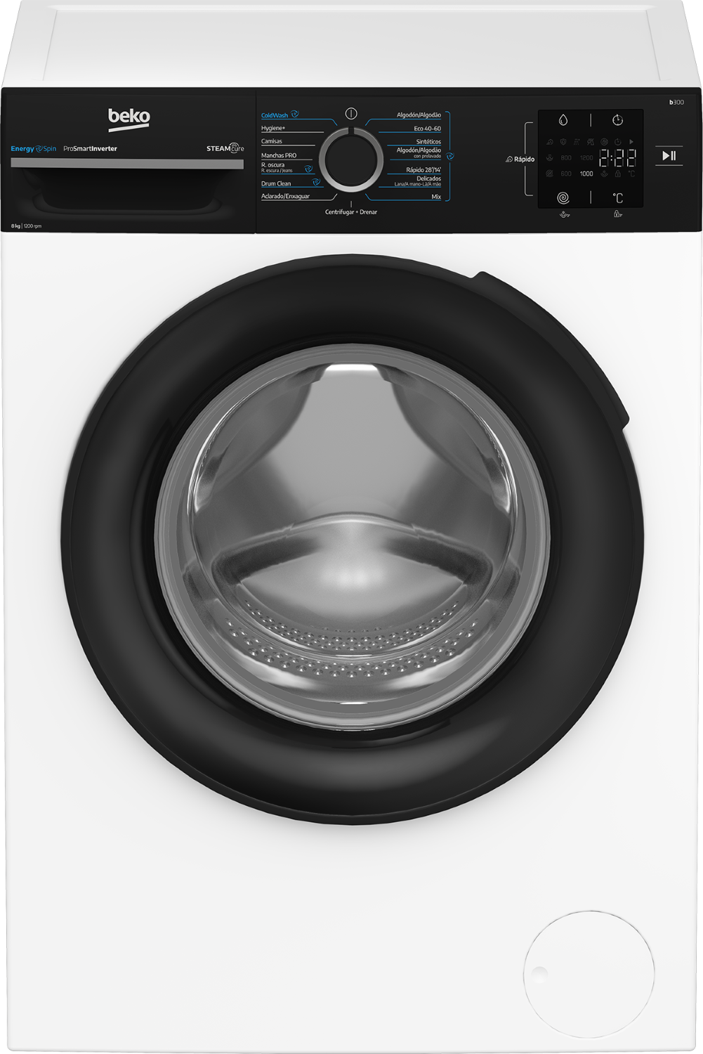 Una lavadora blanca Beko con panel de control negro, mando giratorio central y gran puerta de ojo de buey.