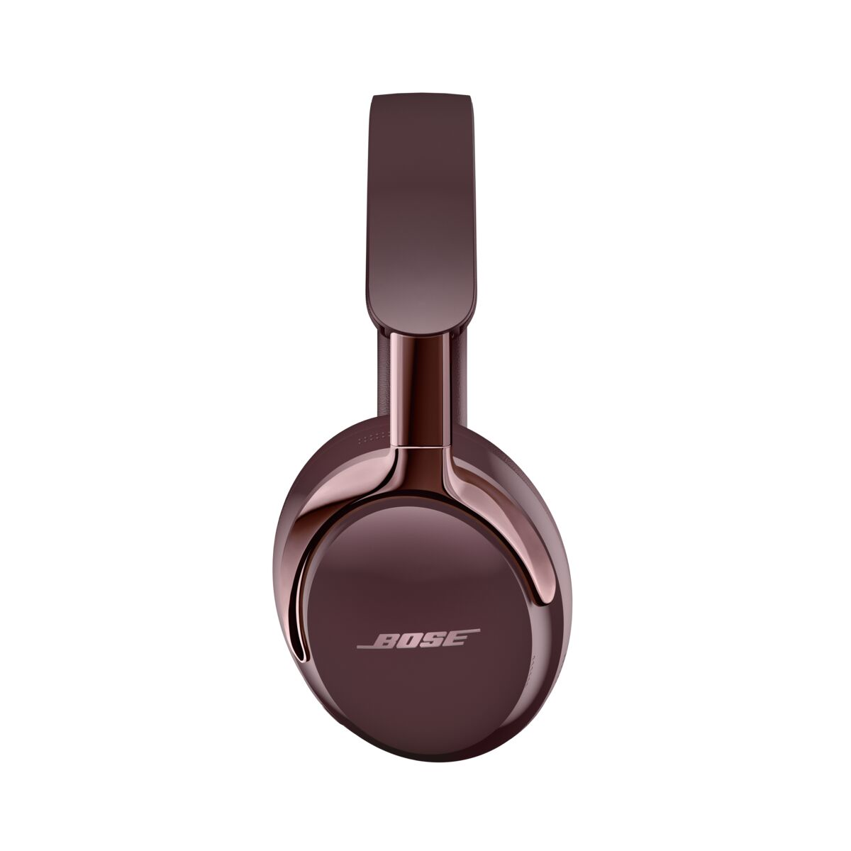 Dunkelrote Bose Over-Ear-Kopfhörer mit weißem Logo auf einer Seite, auf weißem Hintergrund.