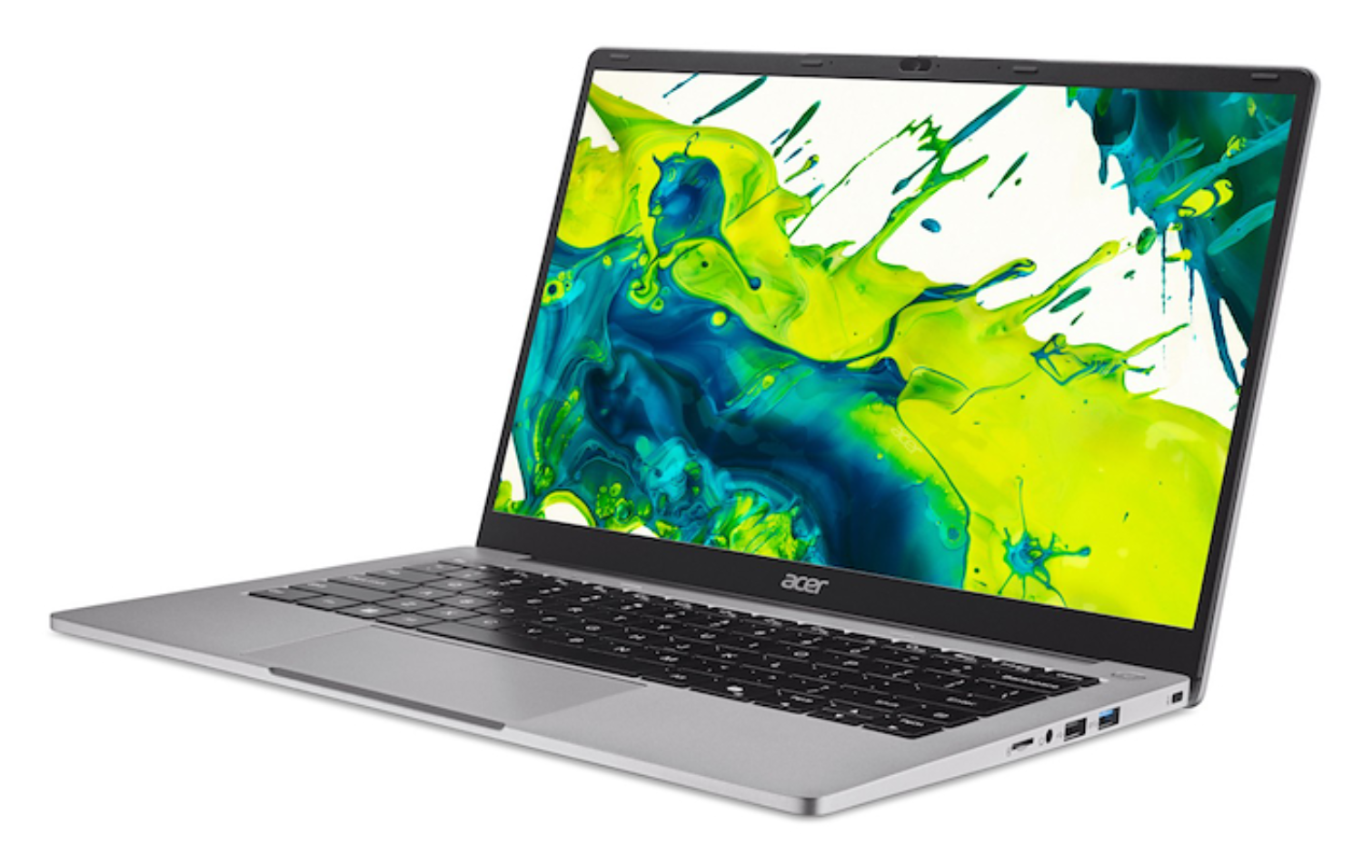 Un ordenador portátil Acer plateado con teclado negro muestra salpicaduras de pintura verde y azul en la pantalla.