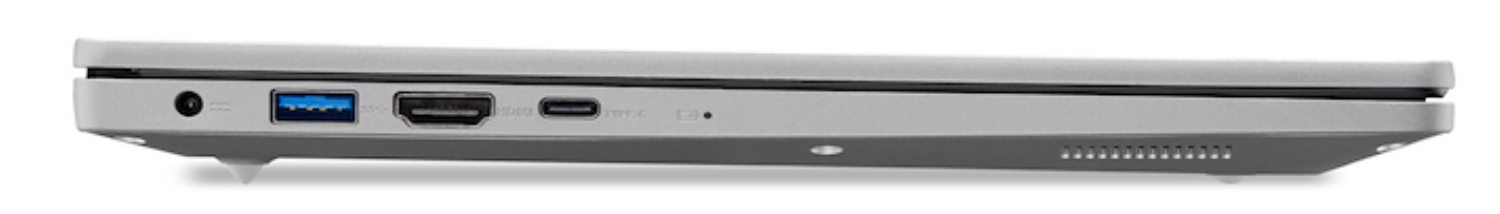 Vista lateral de un portátil plateado con puerto de carga, USB, HDMI y USB-C.