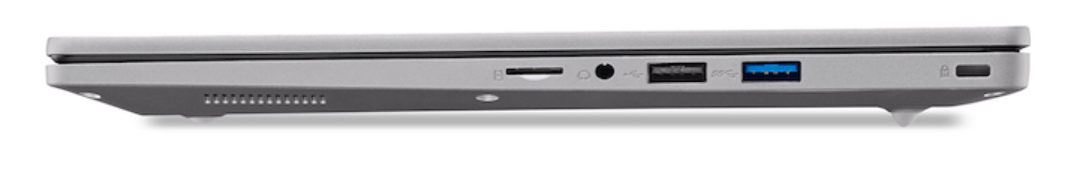 Vista lateral de un portátil gris que muestra puertos como USB, audio y lector de tarjetas SD.