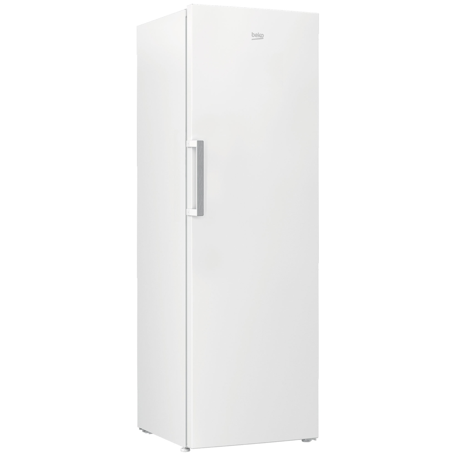 Een witte Beko diepvrieskast met een zilveren handgreep tegen een witte achtergrond.