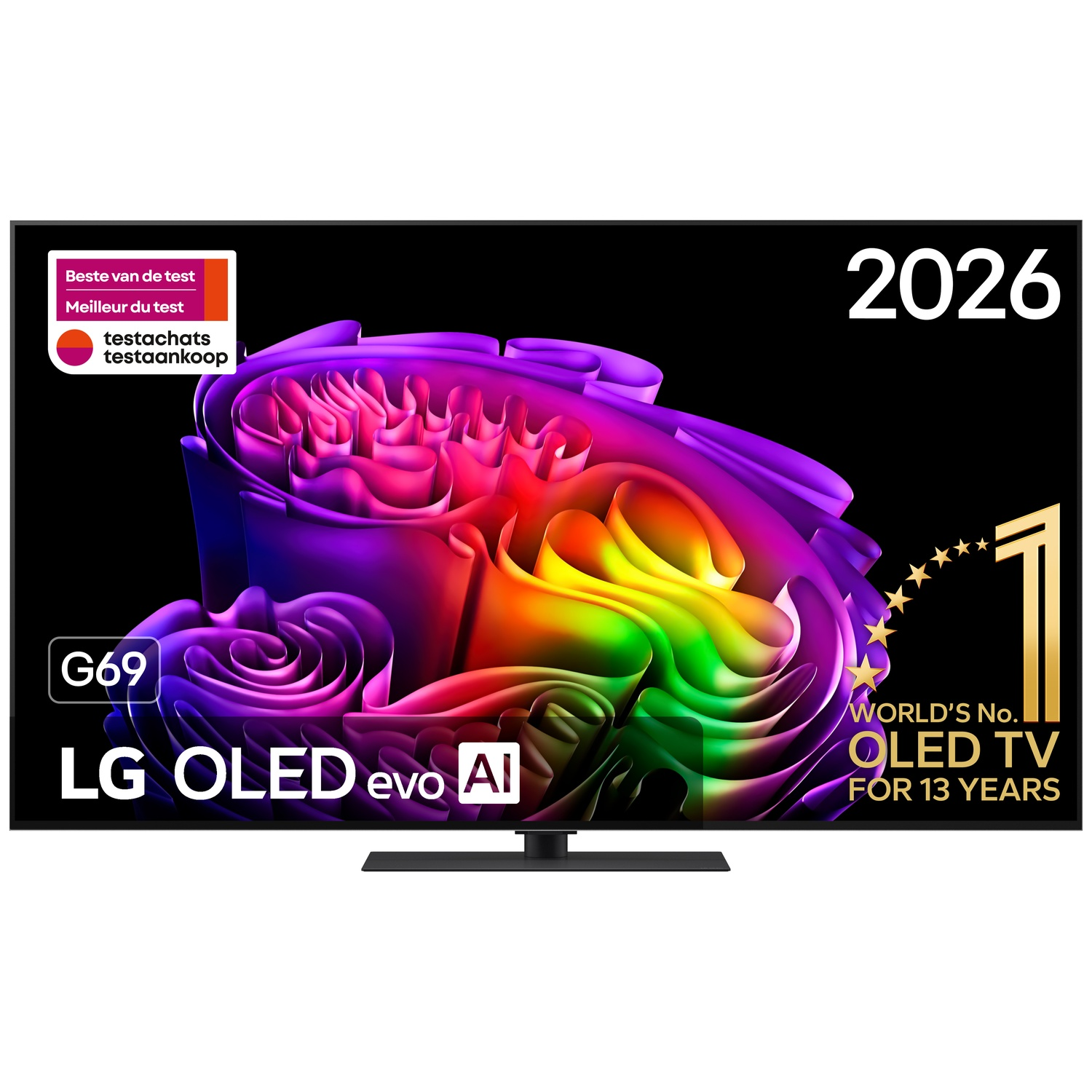 LG OLED evo AI TV displaying a colorful abstract graphic on screen with promotional text.
