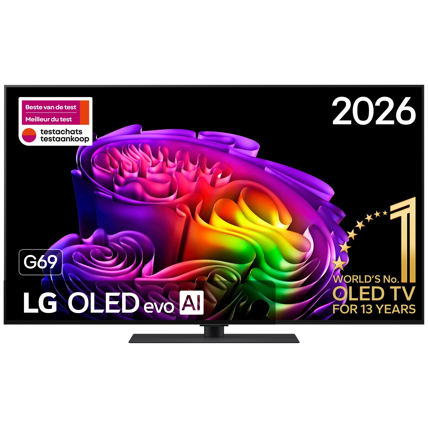 LG OLED evo AI TV displaying colorful abstract art with text labels for 2026 and test awards.