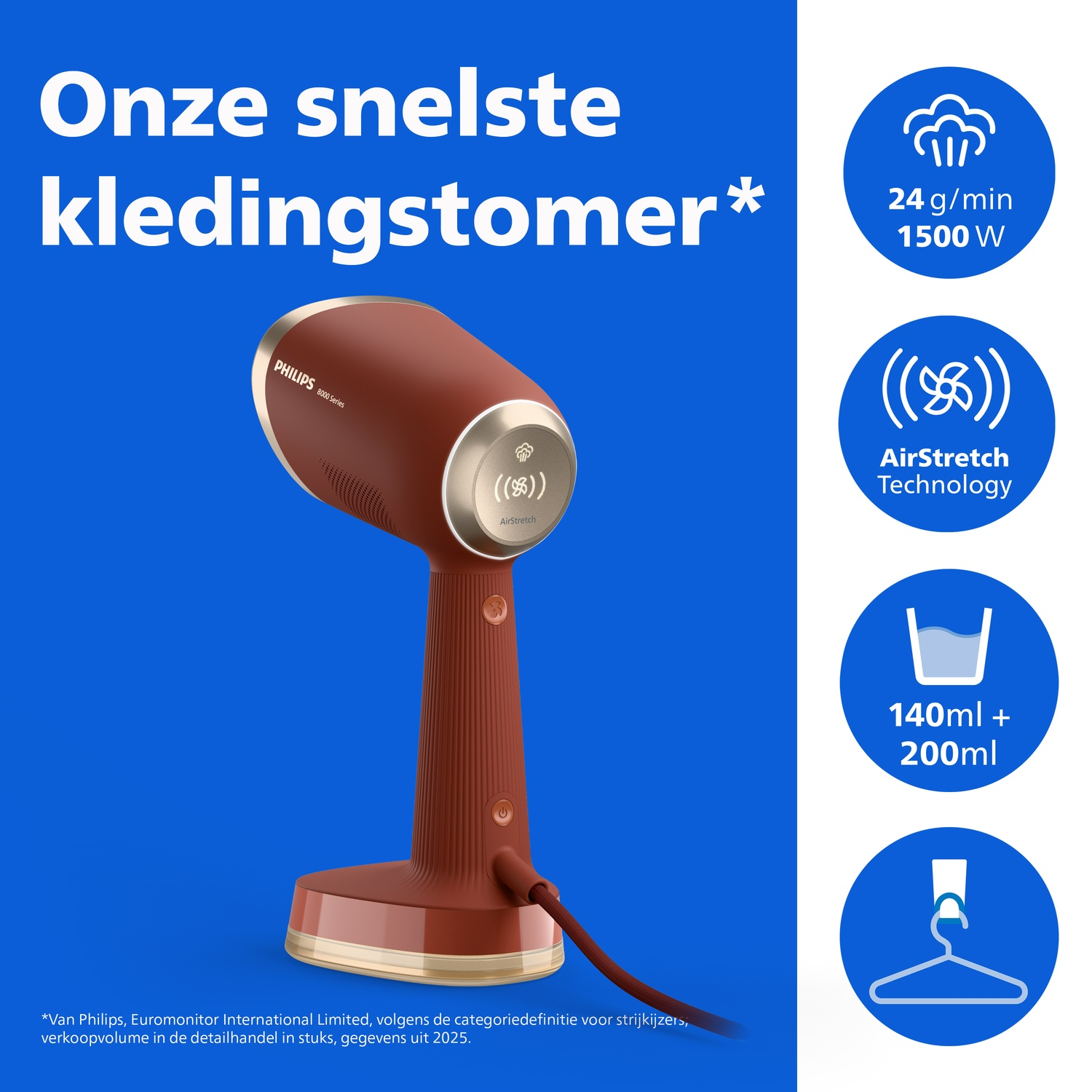 Red Philips handheld garment steamer on blue background with feature icons on the right.